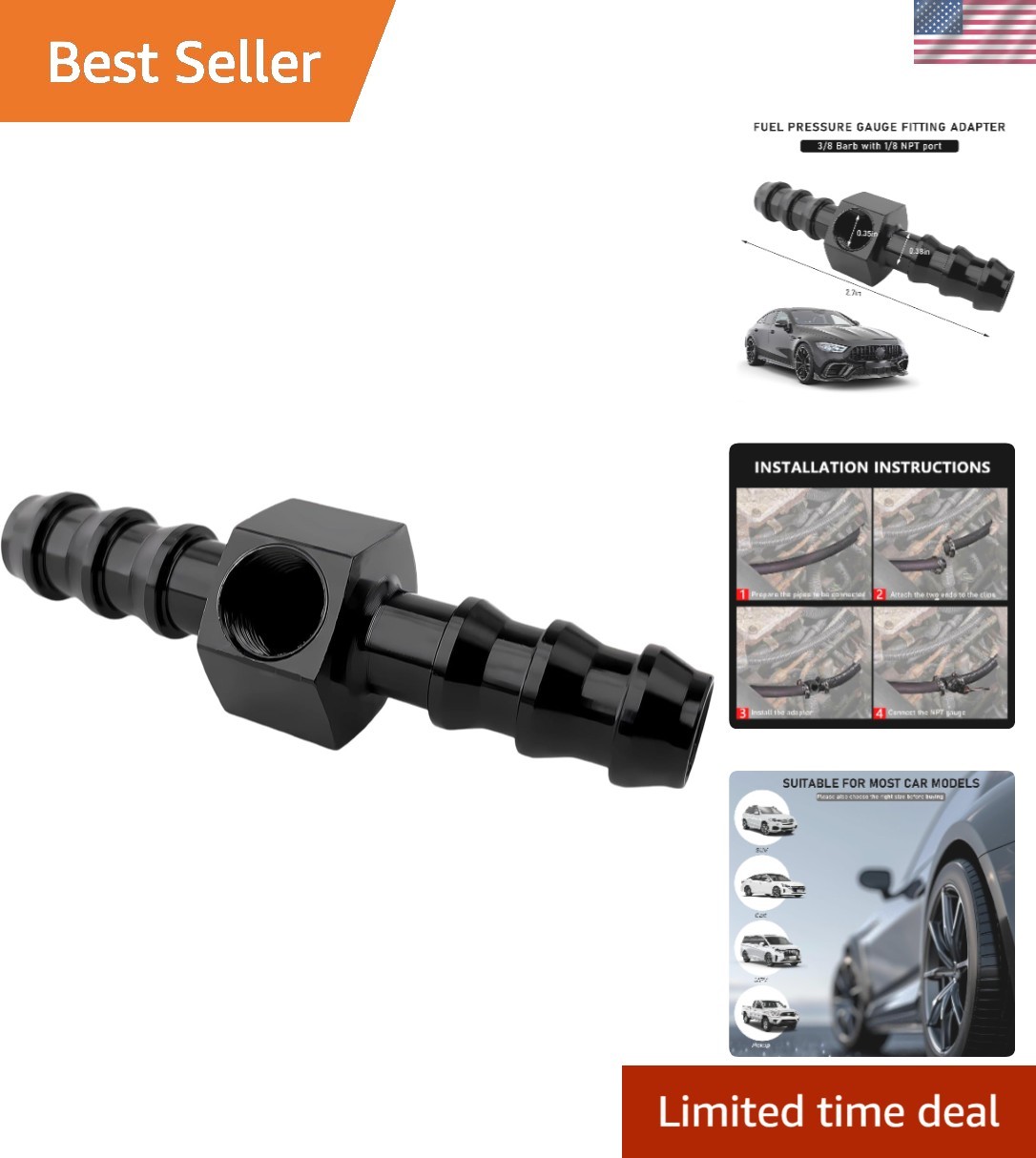 Corrosion-Resistant Fuel Pressure Adapter Set with 3/8″ Barb & Universal Fit