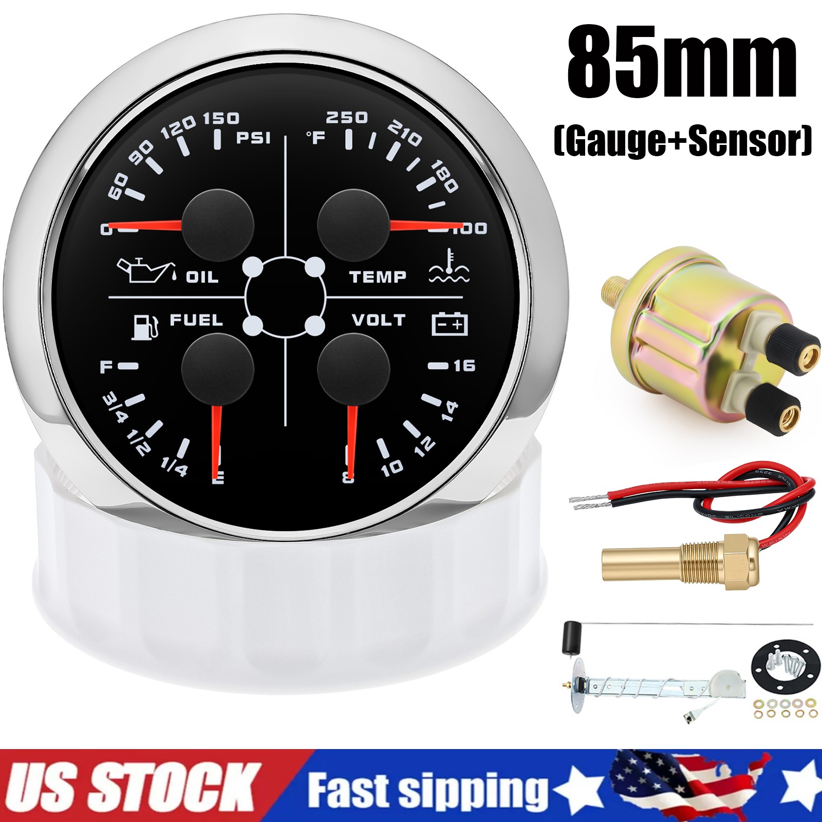 85MM 4 in 1 gauge Boat Fuel Level/Oil Pressure/Water Temp/Voltage with Sensors