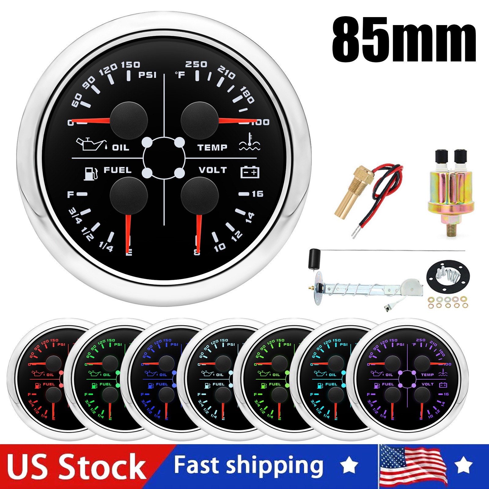 85mm 4 in1 Gauge Car Fuel Level Gauge Water Temp Oil Pressure Voltmeter W/Sensor