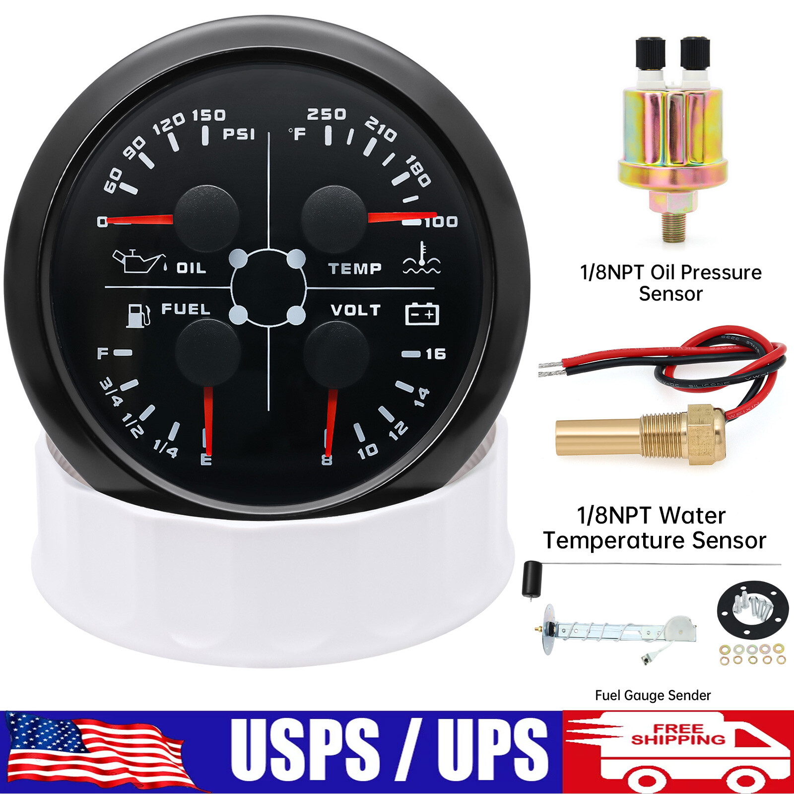 85MM Boat 4 IN 1 Gauge Fuel Level Oil Pressure Water Temp Voltmeter with Sensor