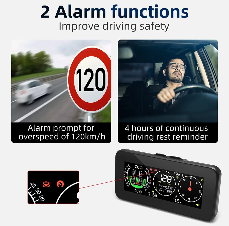 1 Set Car Suv Off-Road Smart Slope Meter GPS Speedometer Compass Overspeed Alarm