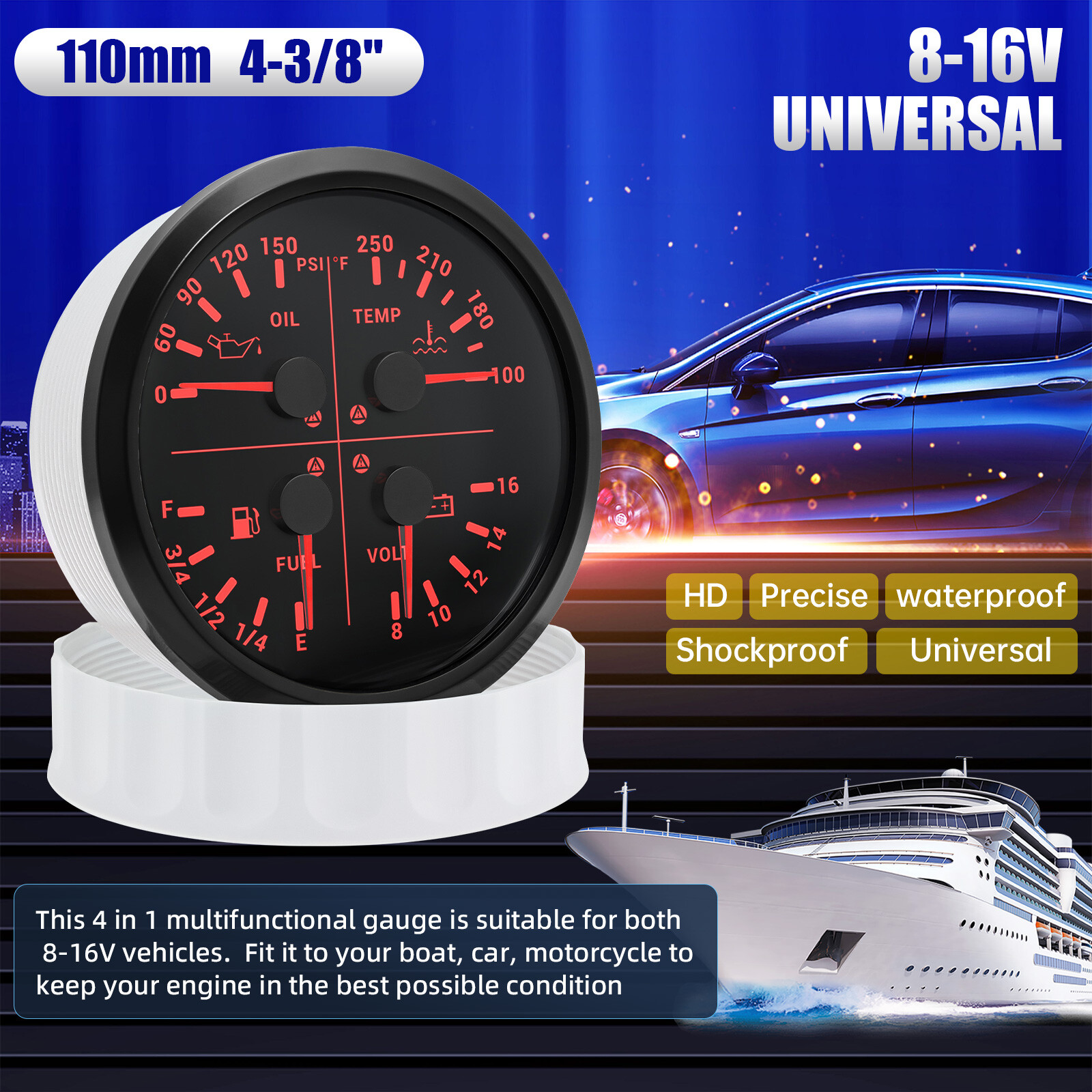 110mm 4 IN 1 Gauge Fuel Level Oil Pressure Water Temp Voltmeter For Car Boat