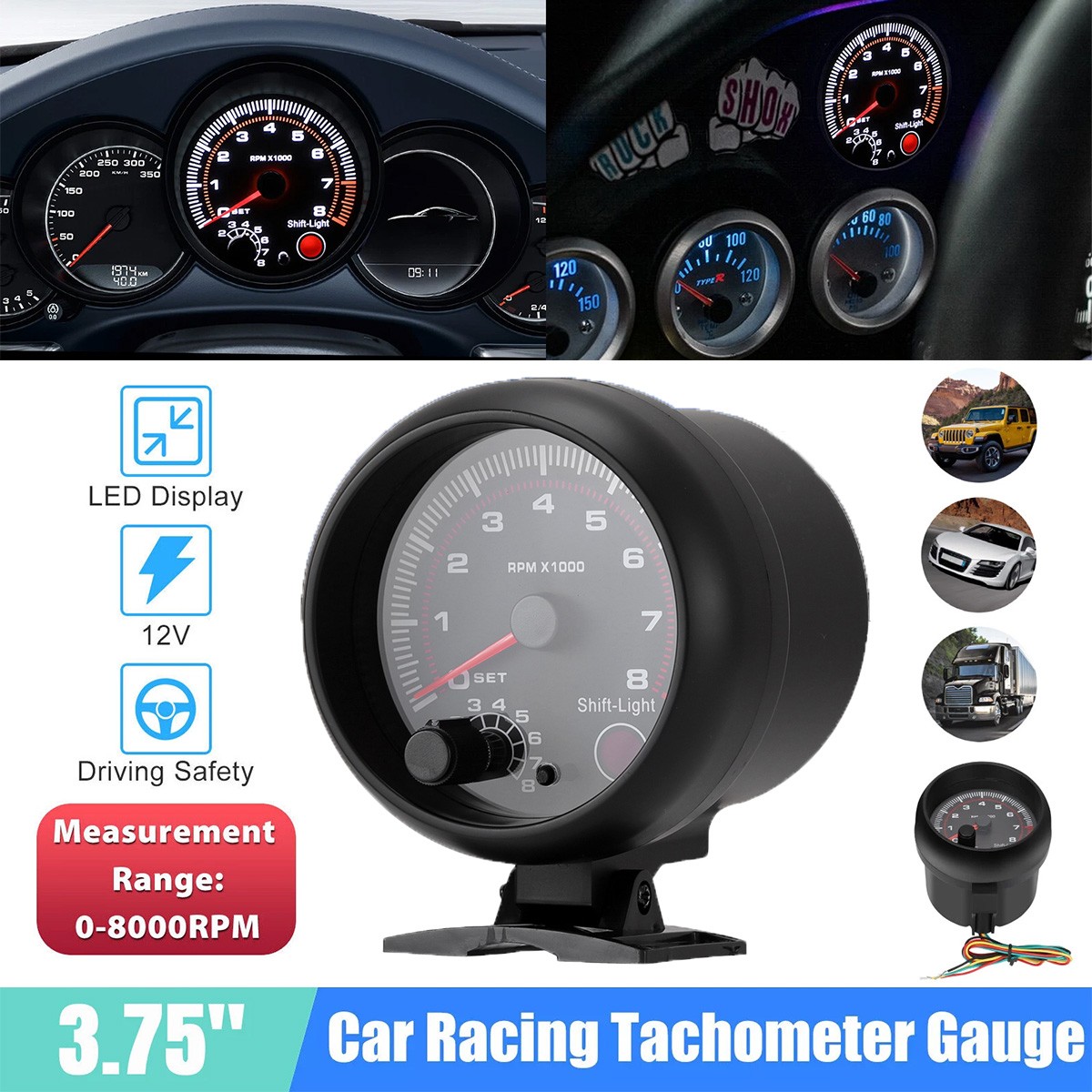 3.75″ Universal Car Tachometer Gauge Tacho Meter with LED Shift Light 0-8000 RPM