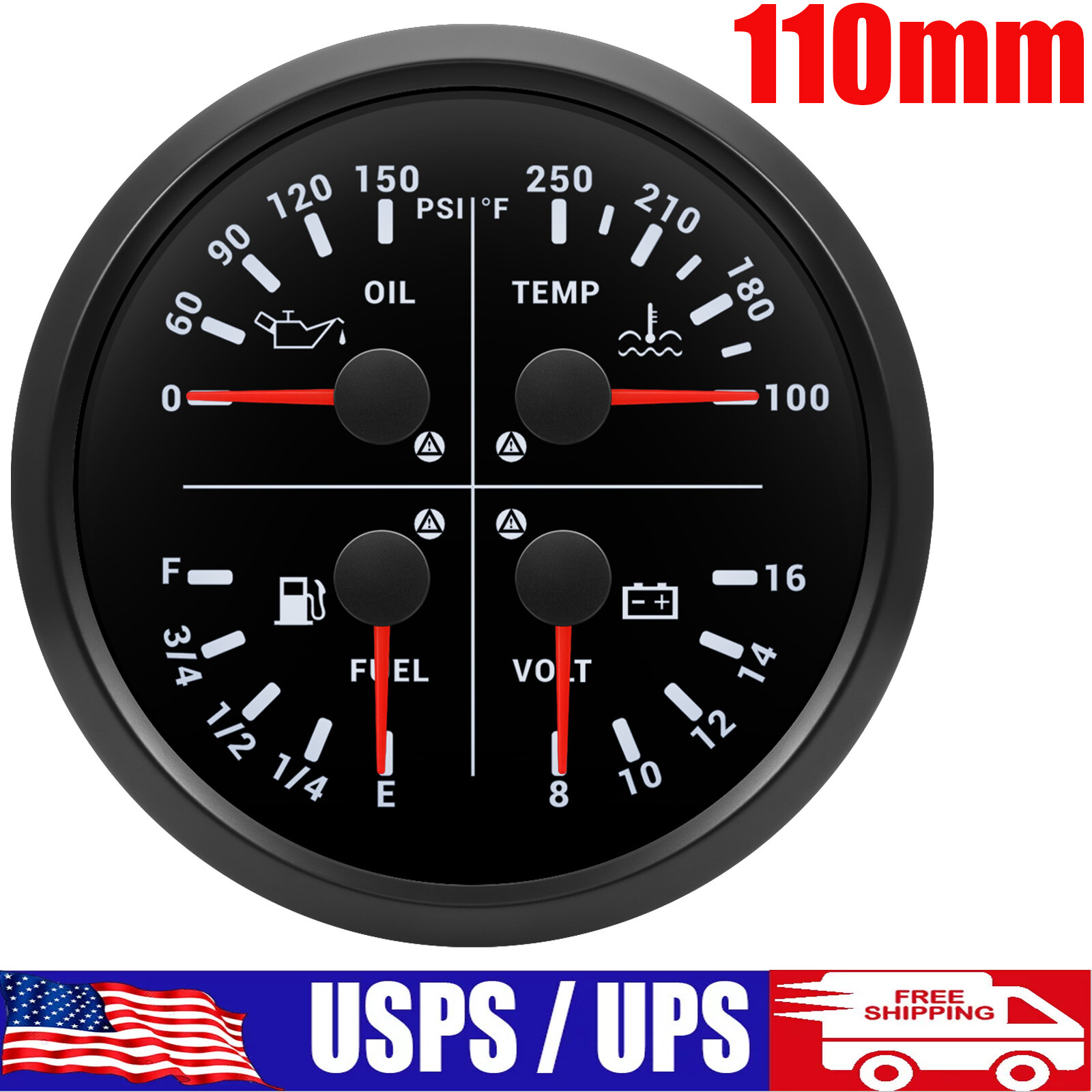 110MM Black 4 IN 1 Gauge Fuel Level Oil Pressure Water Temp Volt for Boat Car US