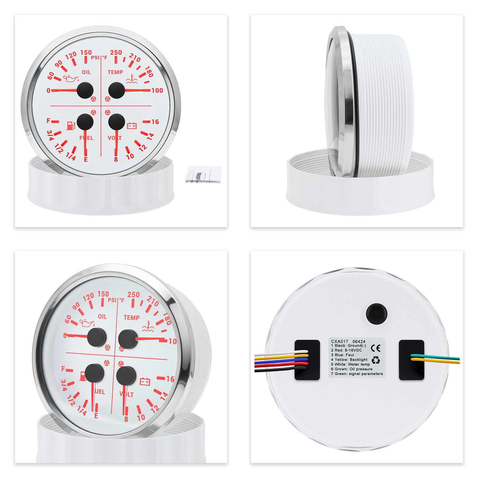 110MM White 4 IN 1 Multifunction Gauge Fuel Level Oil Pressure Water Temp Volt