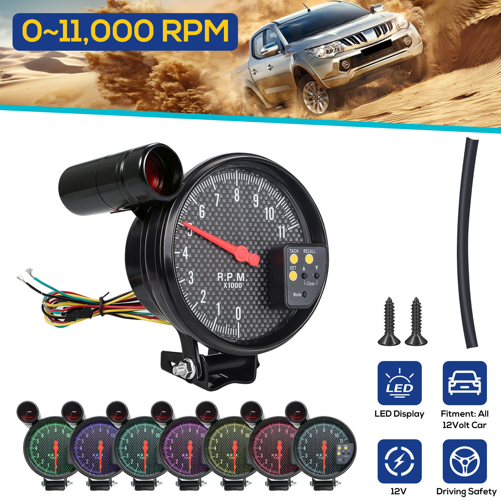Universal Car Tachometer Gauge 7 Colors Backlit 0-11000 RPM w/LED Shift Light 5″