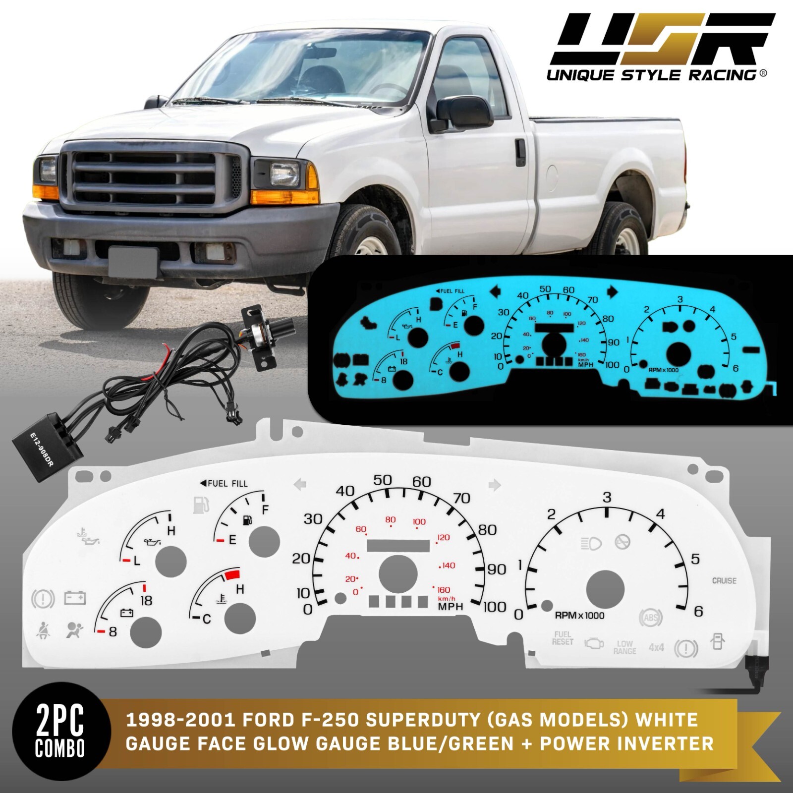 BLUE/GREEN Glow Gauge White Overlay For 98-01 Ford F250/F350 SuperDuty Cluster
