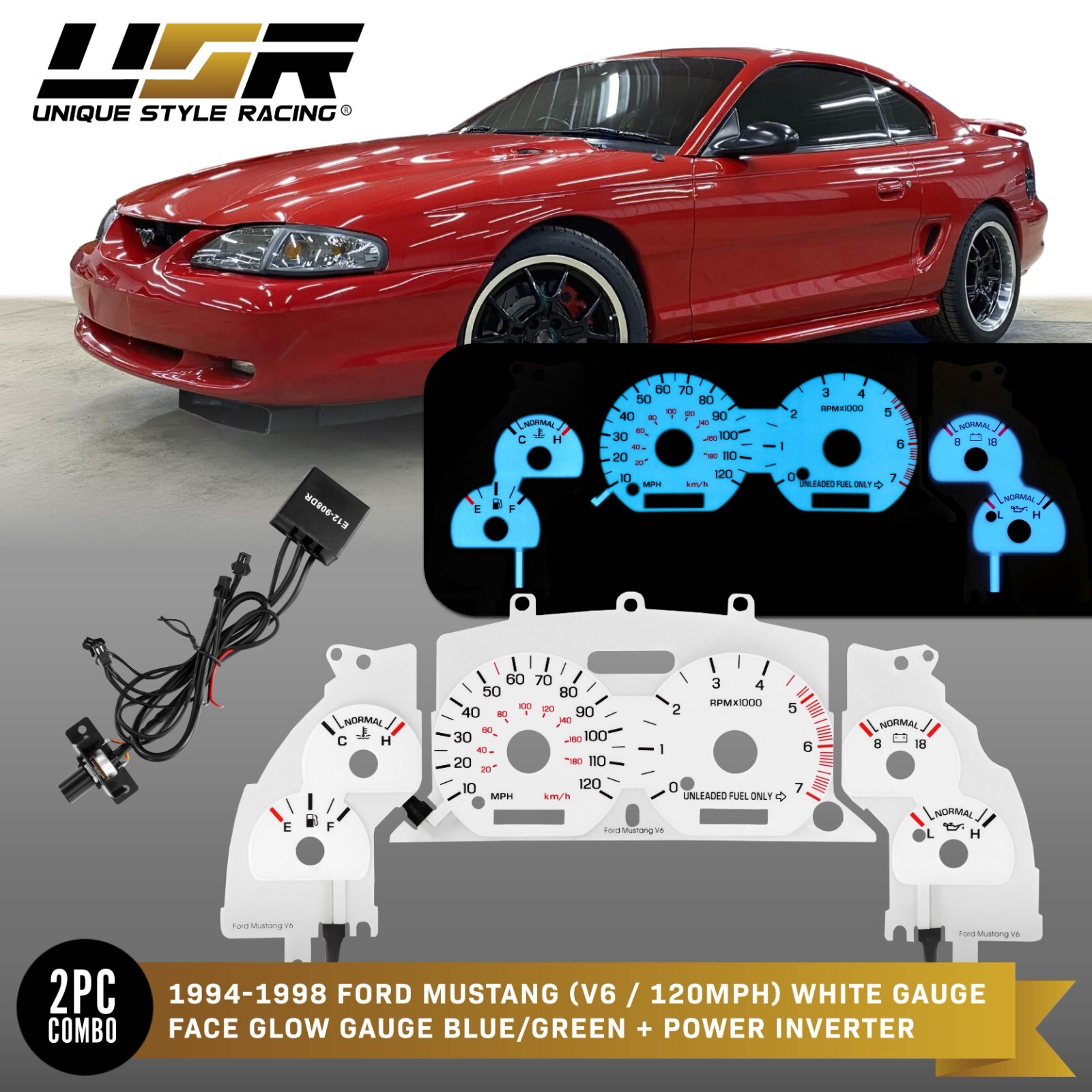 BLUE/GREEN Glow Gauge White Overlay For 94-98 Ford Mustang V6 120MPH Cluster