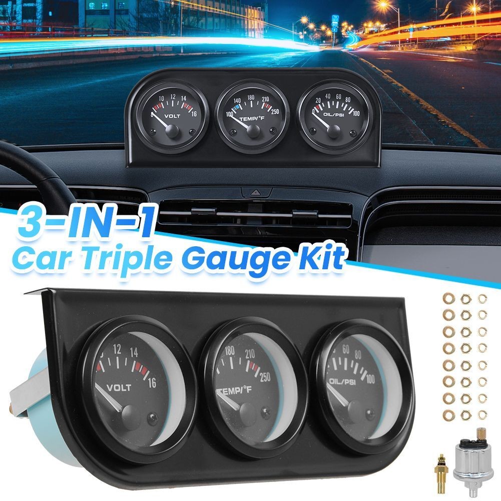 2″ 52mm 3-in-1 Auto Car Triple Gauge Set Kit Water Temp Oil Pressure Volt Meter