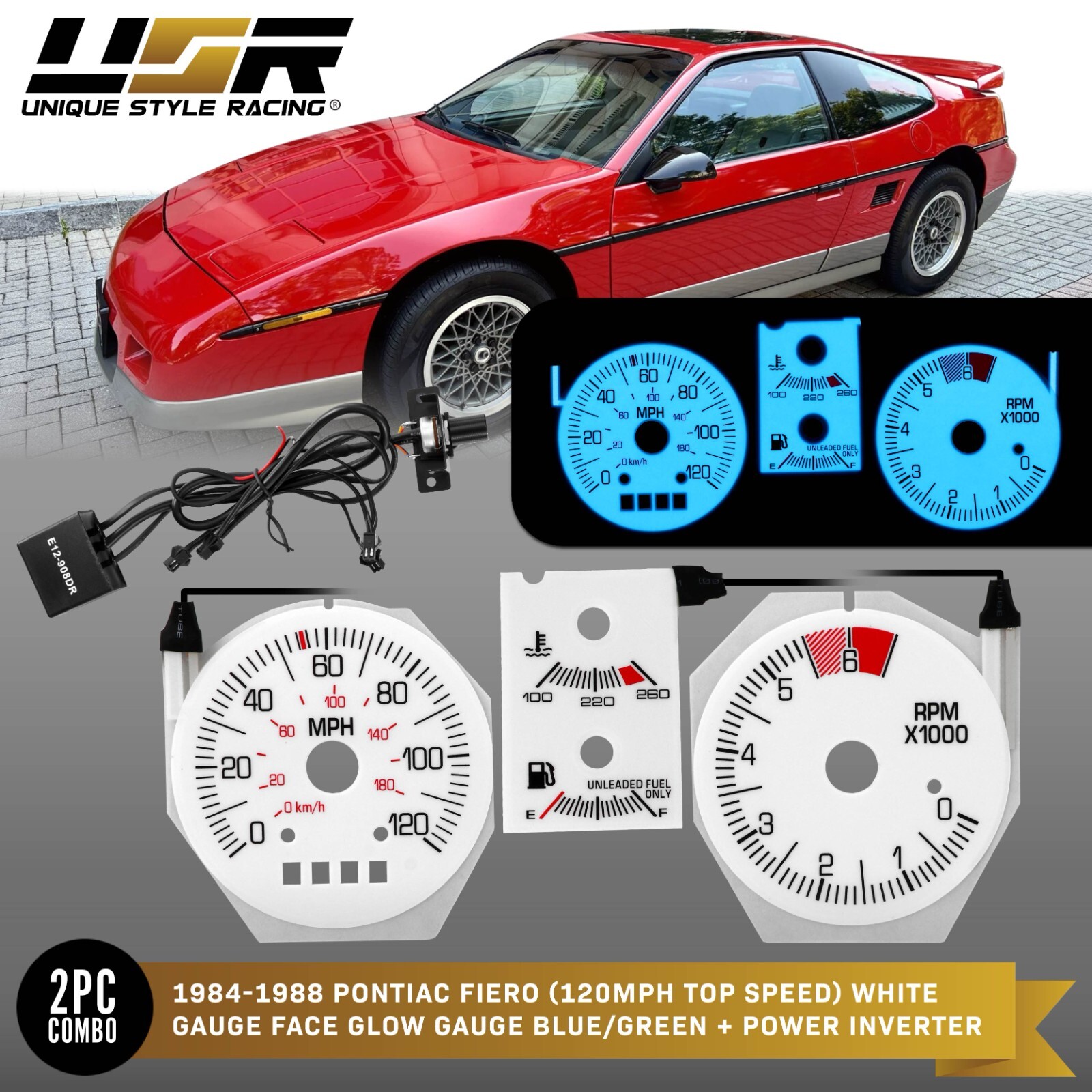 BLUE/GREEN Glow Gauge White Overlay For 84-88 Pontiac Fiero GT 120MPH Cluster