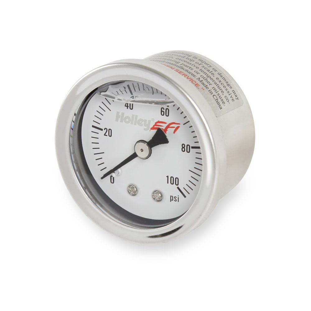 Holley Gauge; Fuel Pressure 0-100psi, 1-1/2 in. Liquid Filled, White