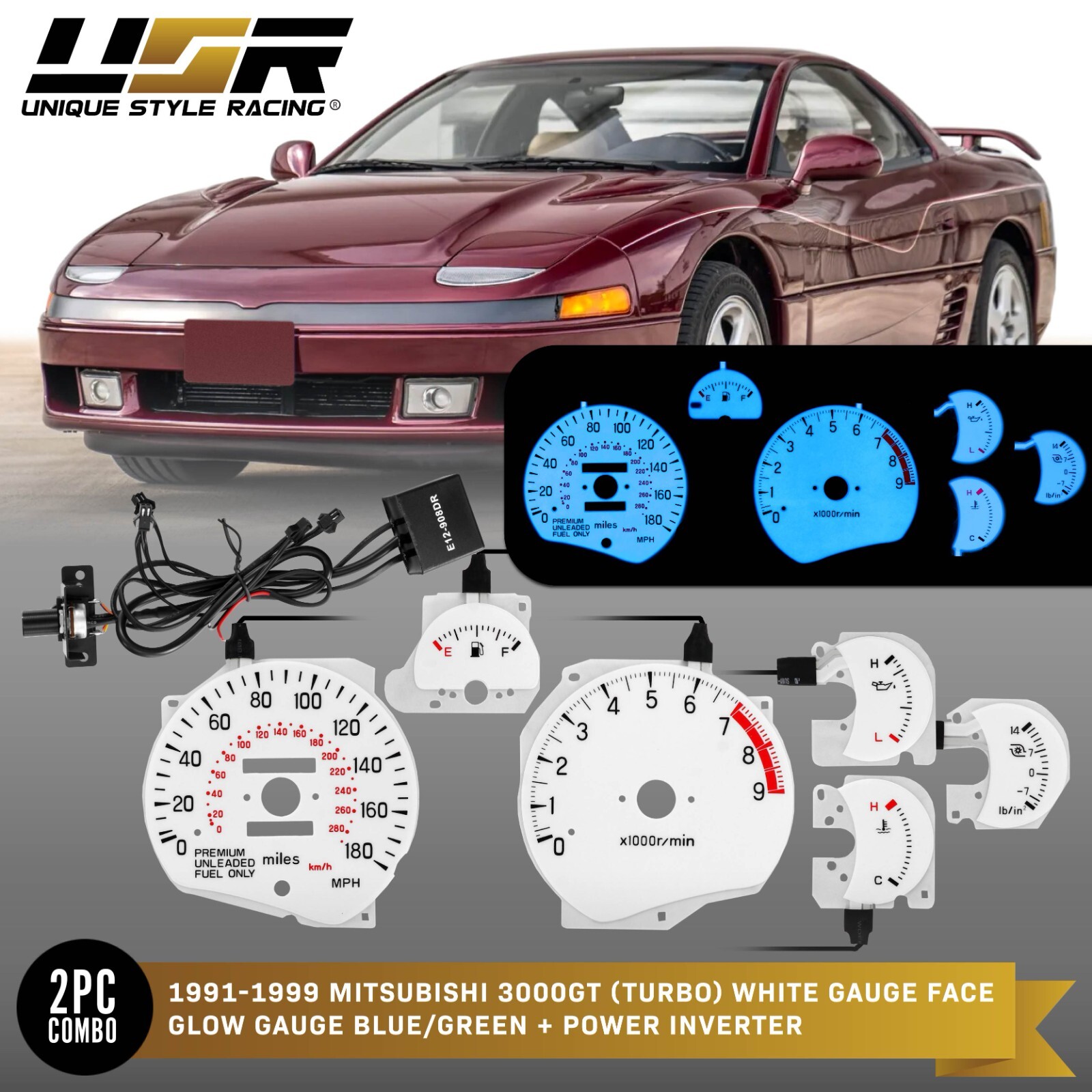 BLUE/GREEN Glow Gauge White Overlay For 91-99 Mitsubishi 3000GT TURBO 180MPH