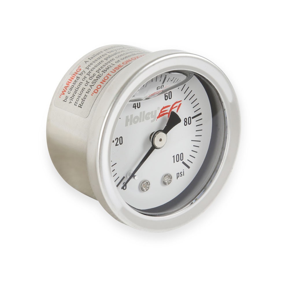 Holley Gauge; Fuel Pressure 0-100psi, 1-1/2 in. Liquid Filled, White