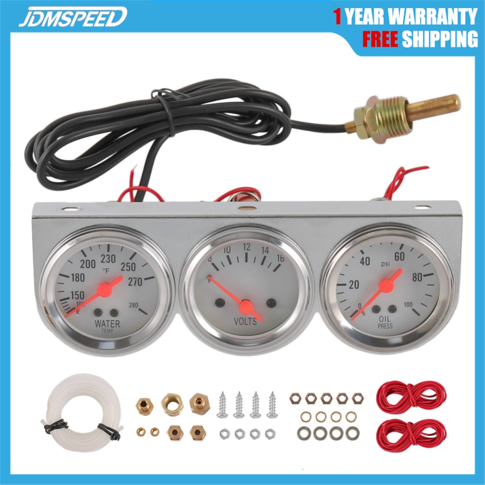Mechanical Triple Gauge Set Water Temp Oil Pressure Volt Meter Chrome 2” 52mm