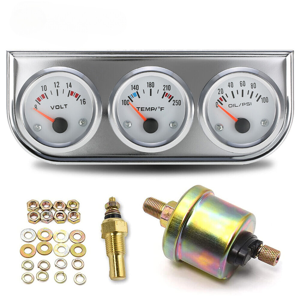 2″ 52mm Chrome Car Triple Gauge Set Kit 3in1 Water Temp Oil Pressure Volt Meter