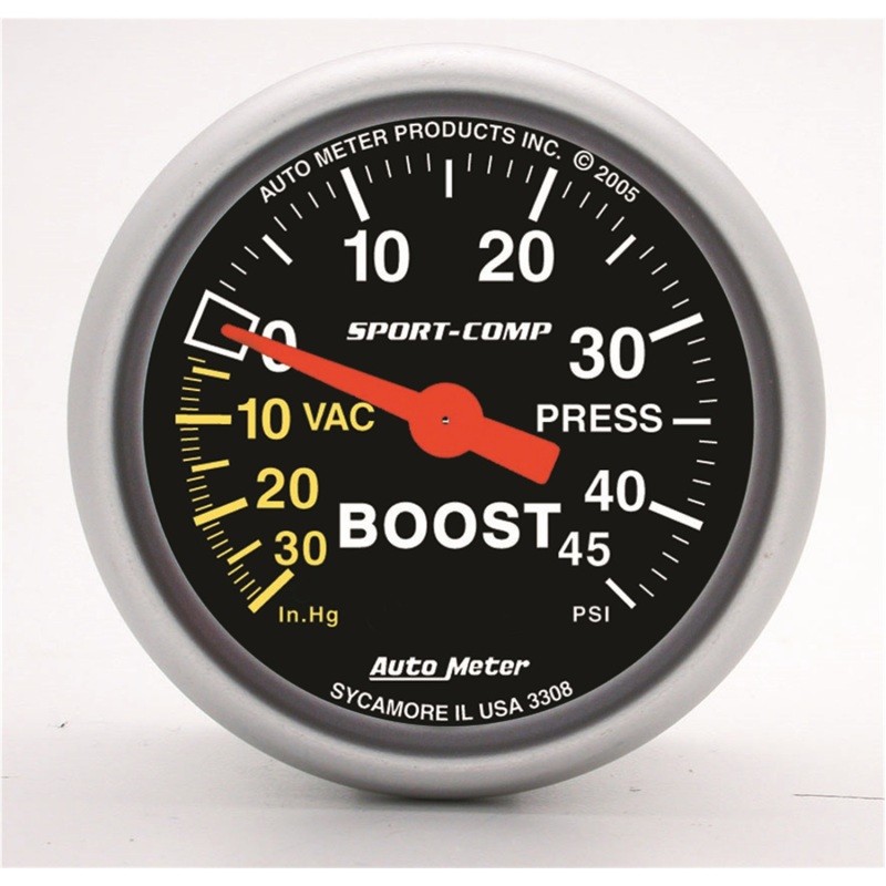 Auto Meter 3308 Sport-Comp Mechanical Boost/Vacuum Gauge 2.3125 in.