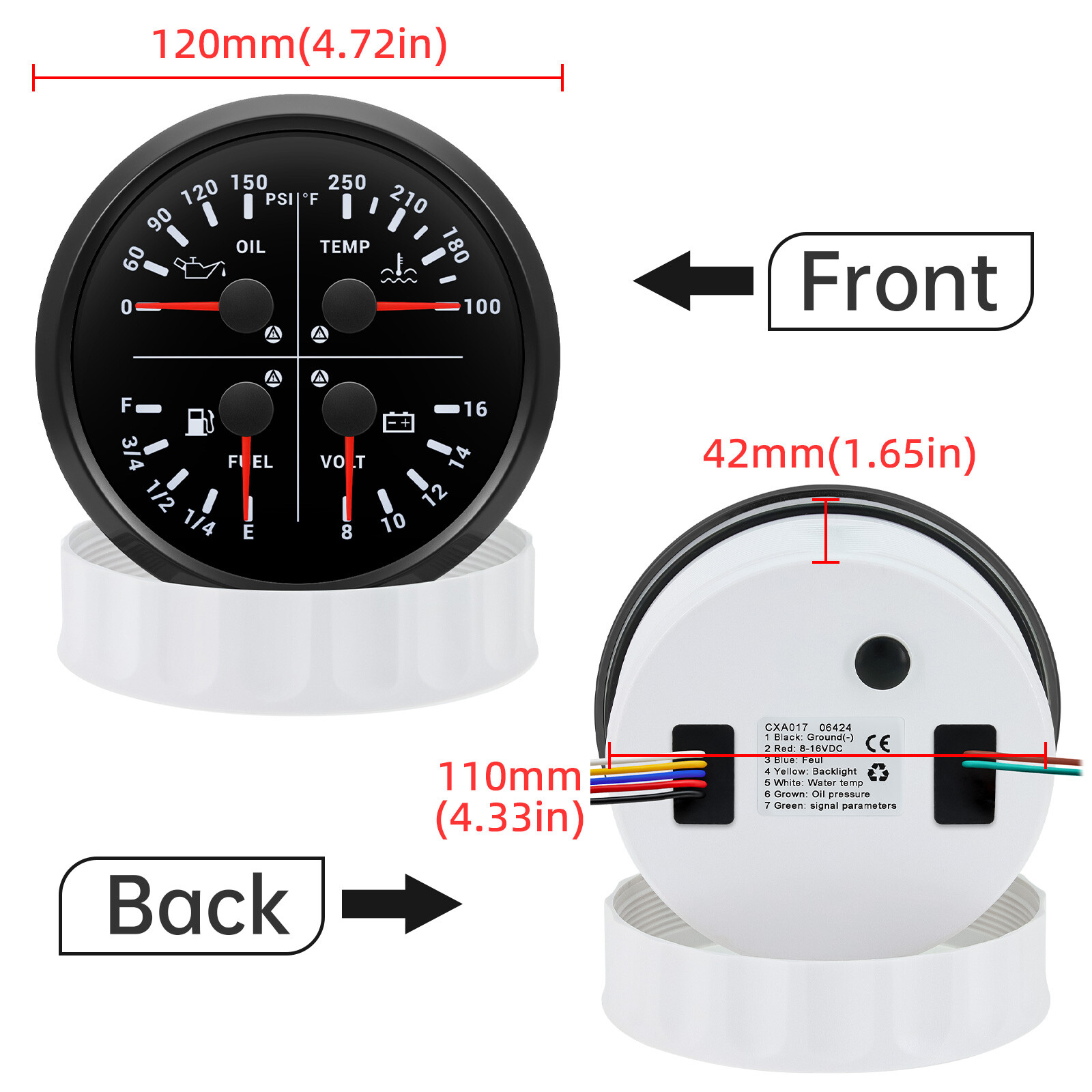 110mm 4 IN 1 Gauge Fuel Level Oil Pressure Water Temp Voltmeter For Car Boat
