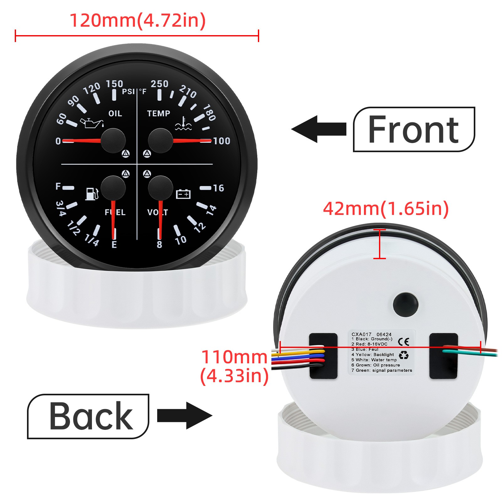 110MM Black 4 IN 1 Gauge Fuel Level Oil Pressure Water Temp Volt for Boat Car