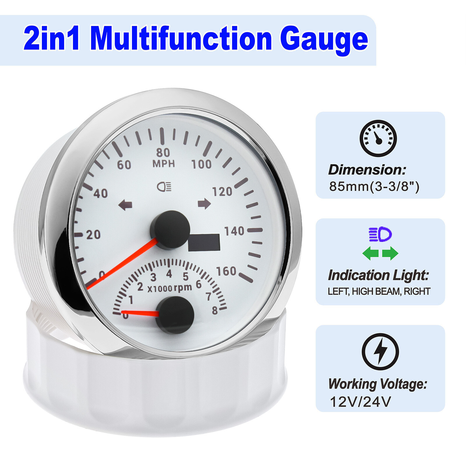 85mm White GPS Speedometer 0-160MPH with Tacho 8000RPM 4 IN 1 Gauge with Sensor