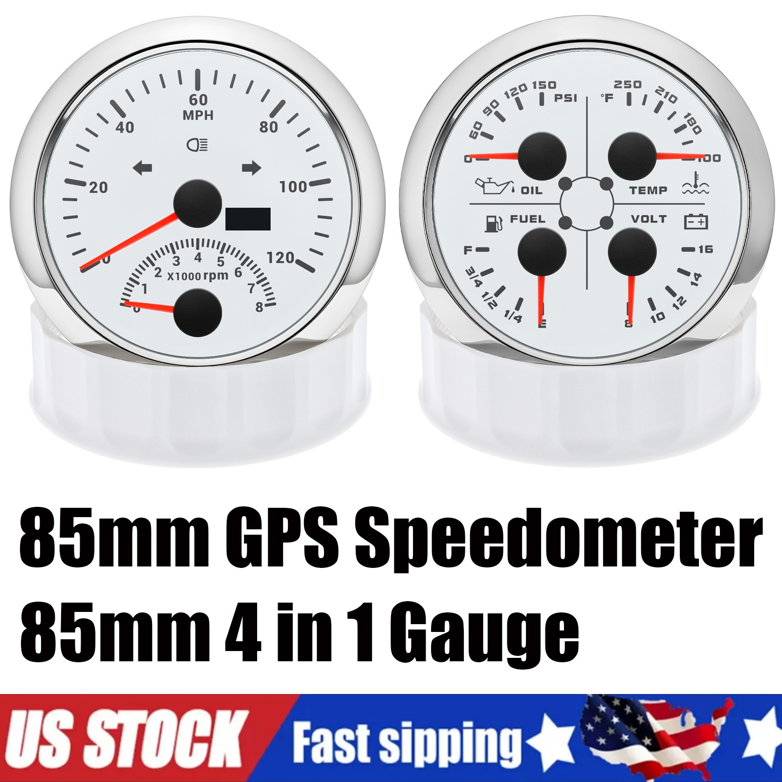 2 Gauge Set 85mm GPS Speedometer 120MPH/Tachometer & 4-in-1 Multifunction US