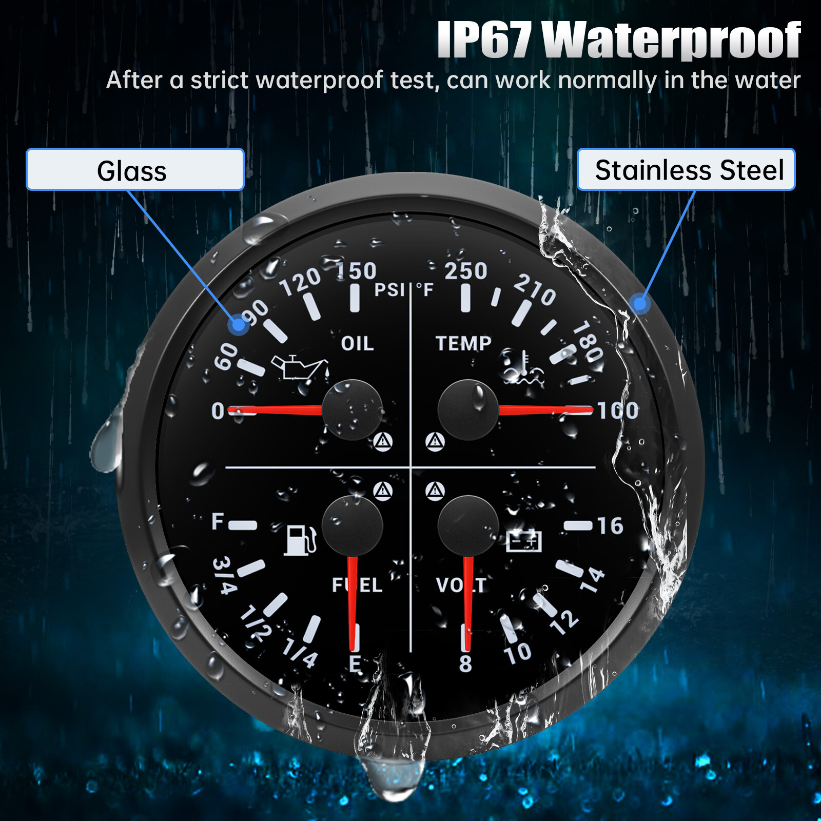 110mm 4 IN 1 Gauge Fuel Level Oil Pressure Water Temp Voltmeter For Car Boat