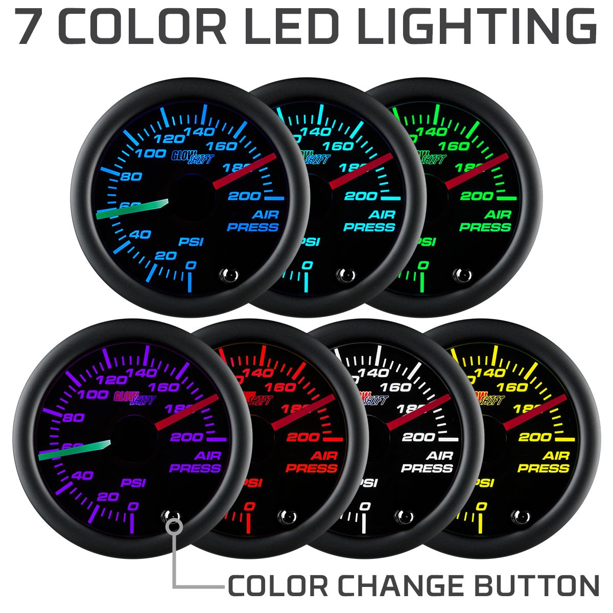 52mm GlowShift Tinted 7 Color Dual Needle Air Pressure Gauge