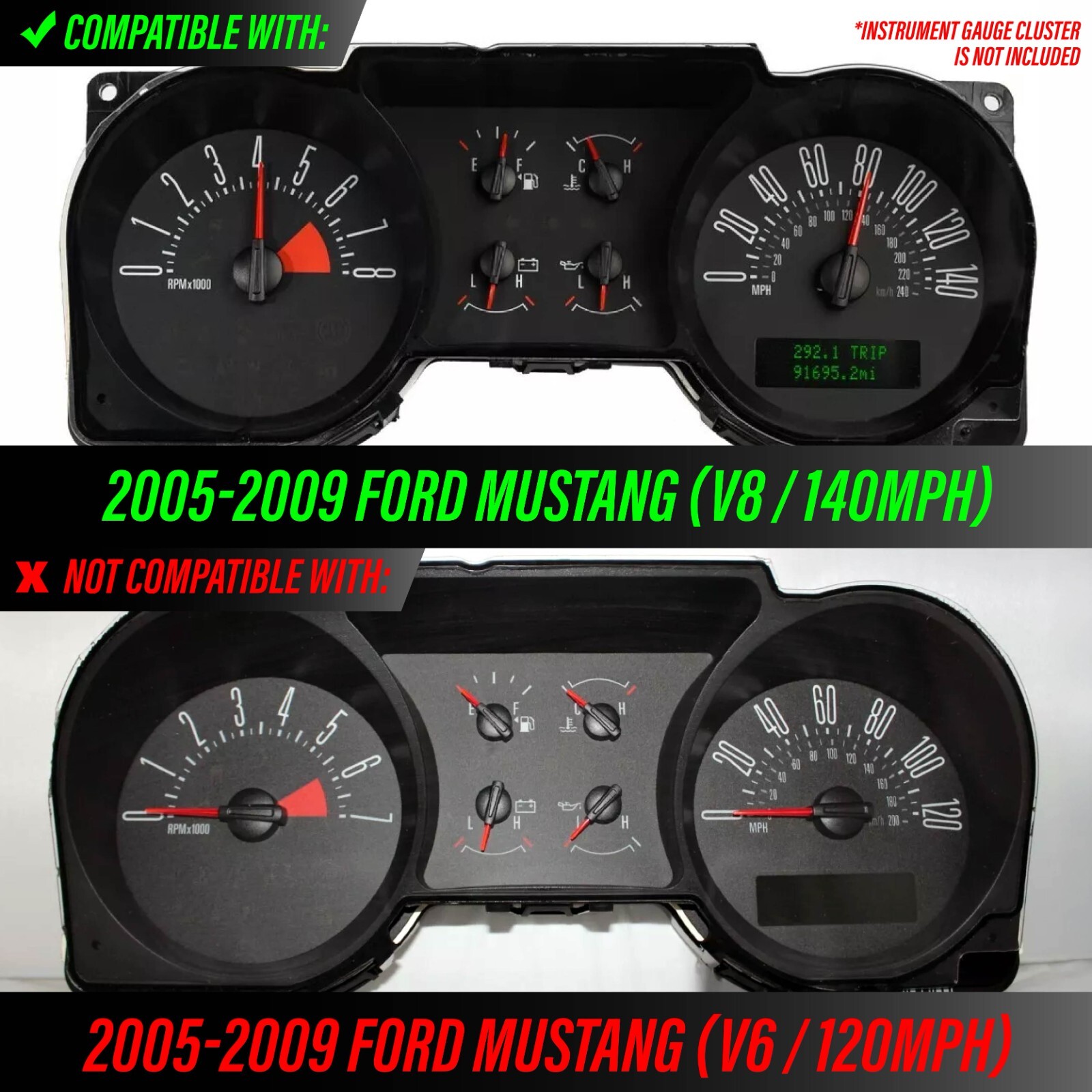 BLUE/GREEN Glow Gauge White Overlay For 05-09 Ford Mustang GT 140MPH Cluster