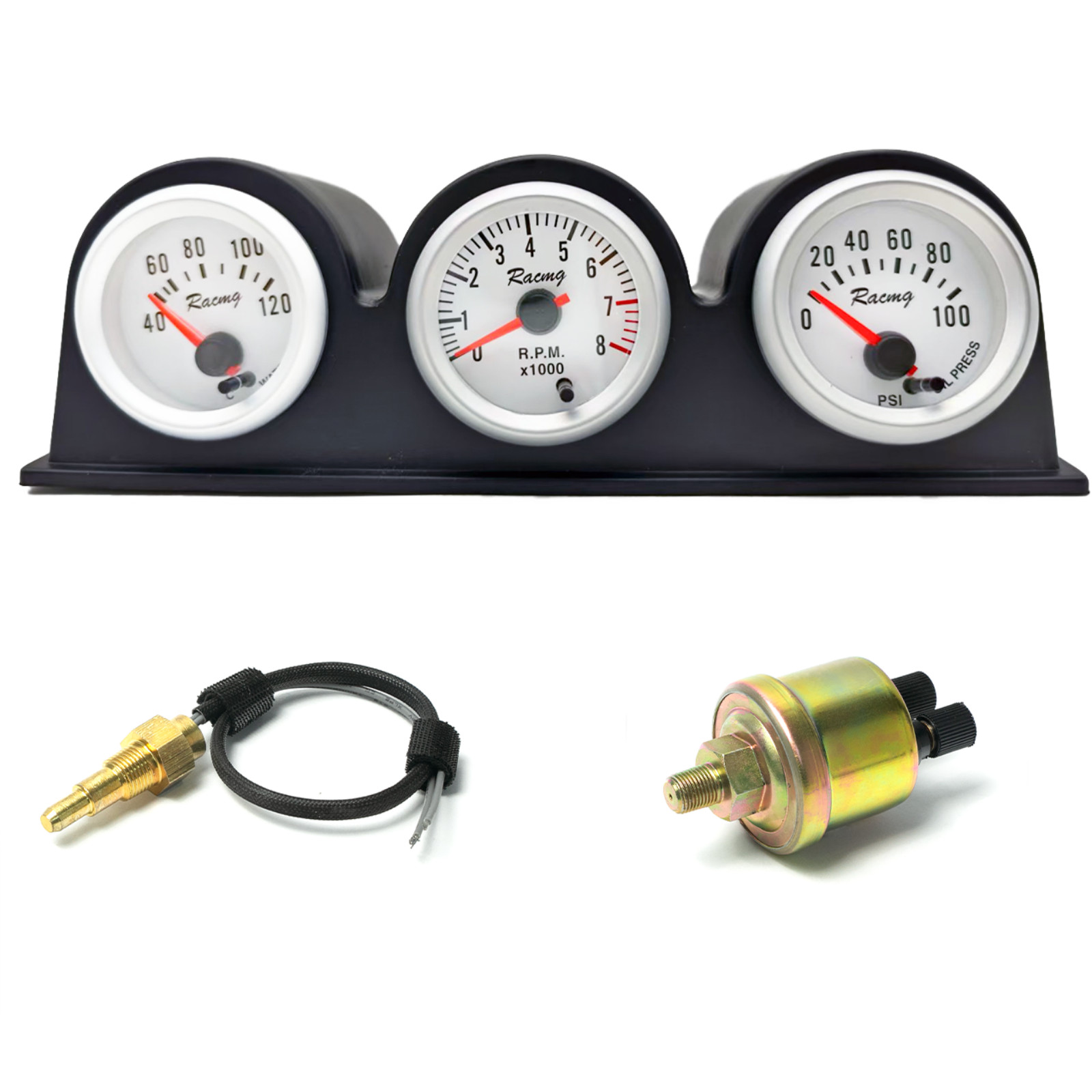 2″ 52mm Car Triple Gauge Kit 7Color 3in1 Tachometer RPM Water Temp Oil Press 12V