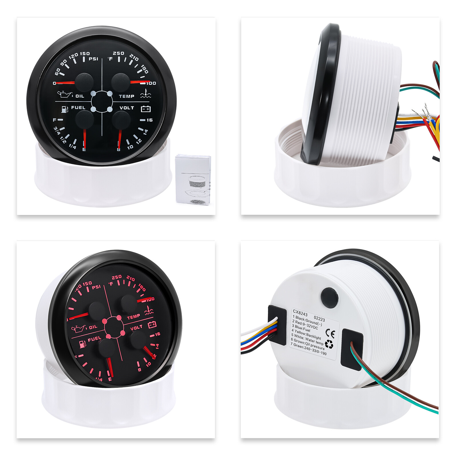 85mm 4in 1 Gauge Boat Fuel Level 240-33ohms Water Temp Oil Pressure Voltmeter US