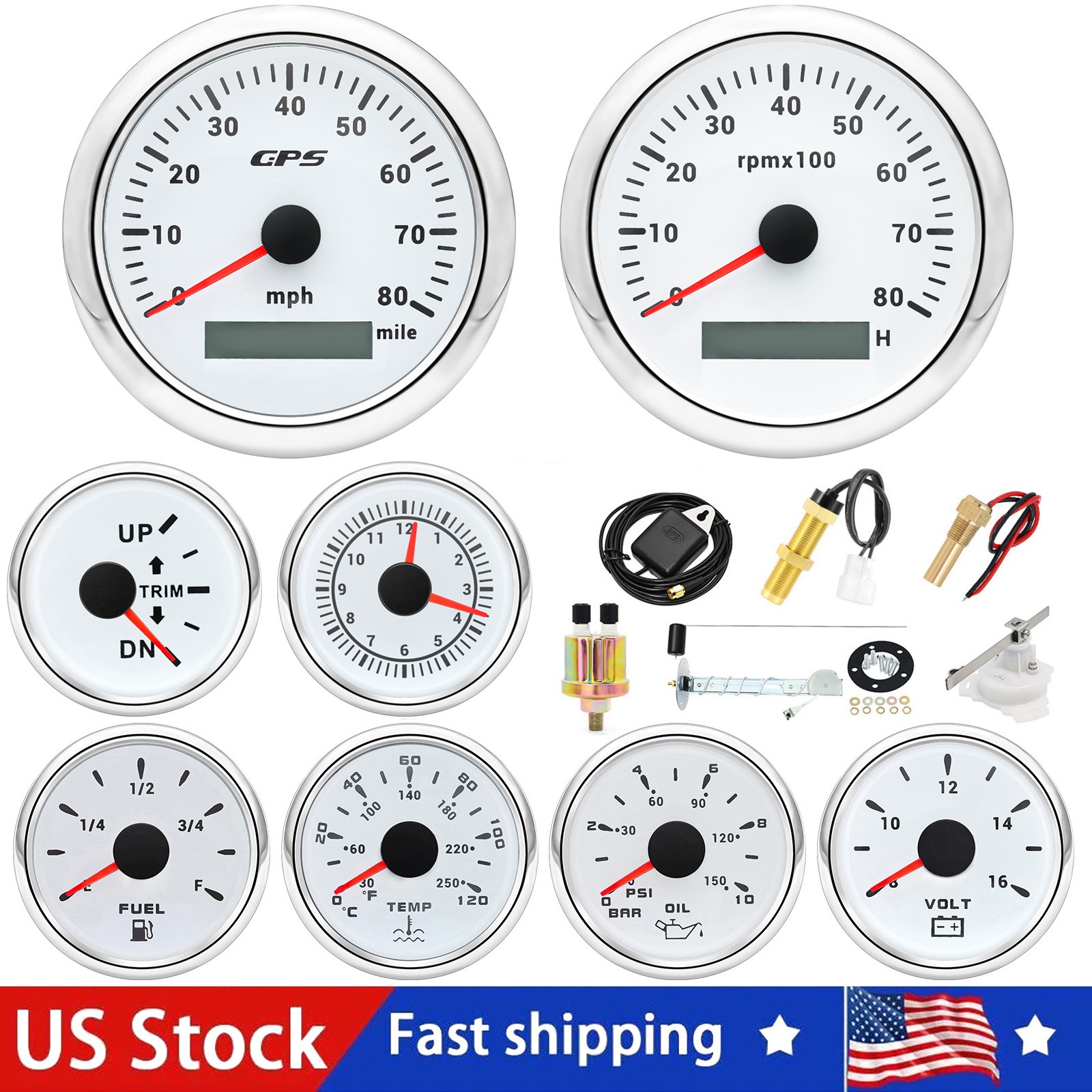 8 Gauge SET with Senders 85mm GPS Speedometer 0-80MPH Tacho Fuel/Volt/Oil/Temp..