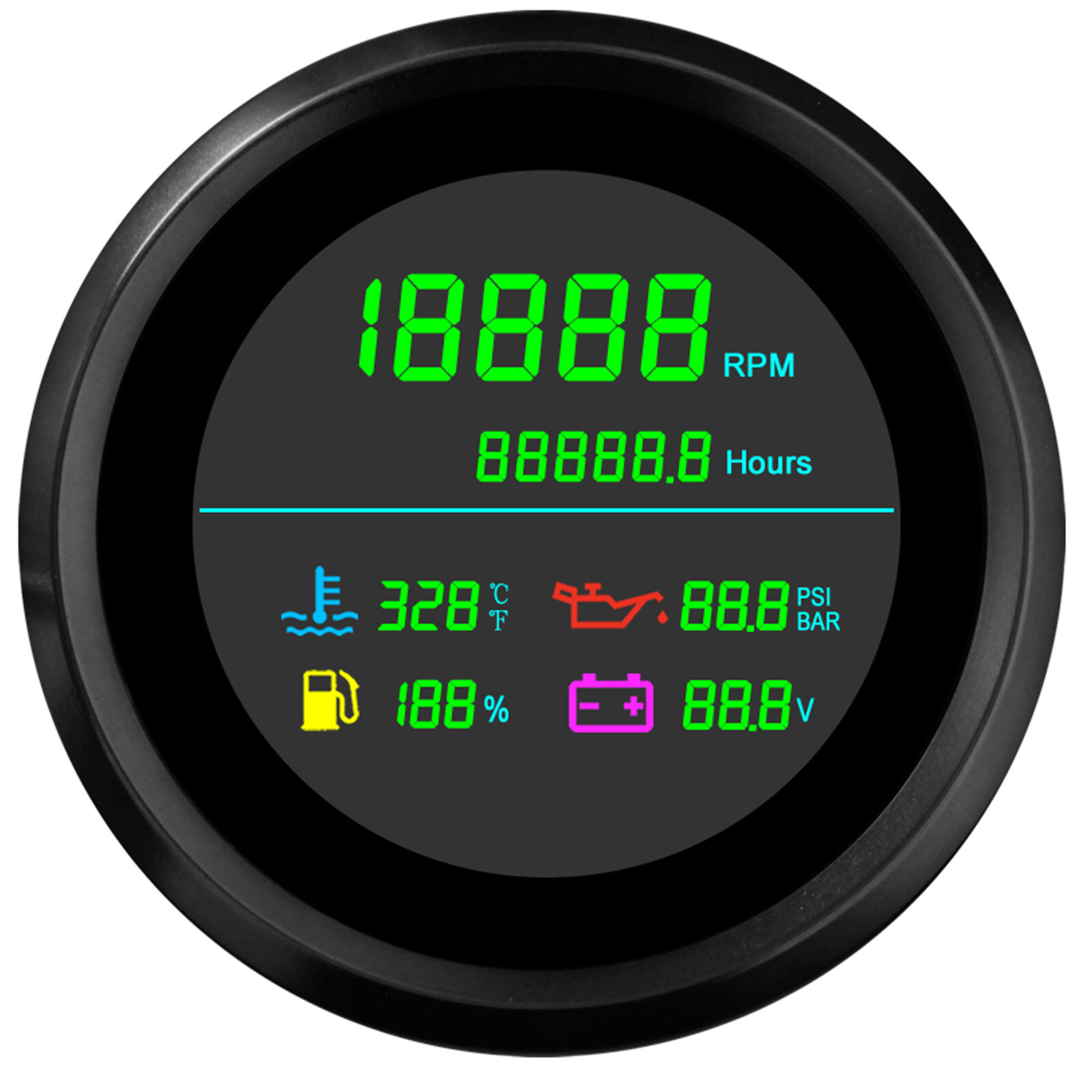 85mm LCD 6In1 Multi-Function Tachometer Fuel Level Water Temp Oil Pressure Gauge
