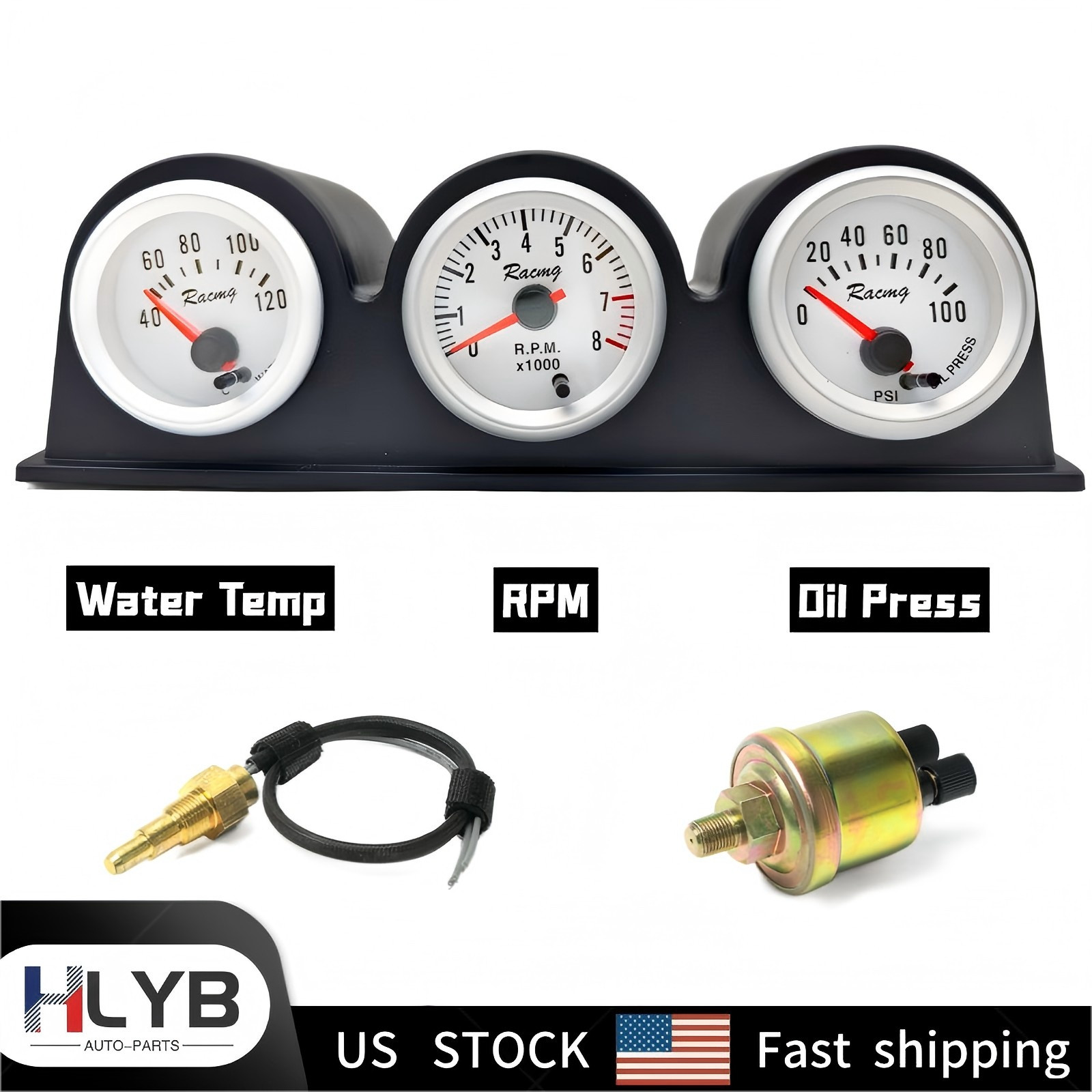 2″ 52mm Car Triple Gauge Kit 7Color 3in1 Tachometer RPM Water Temp Oil Press 12V