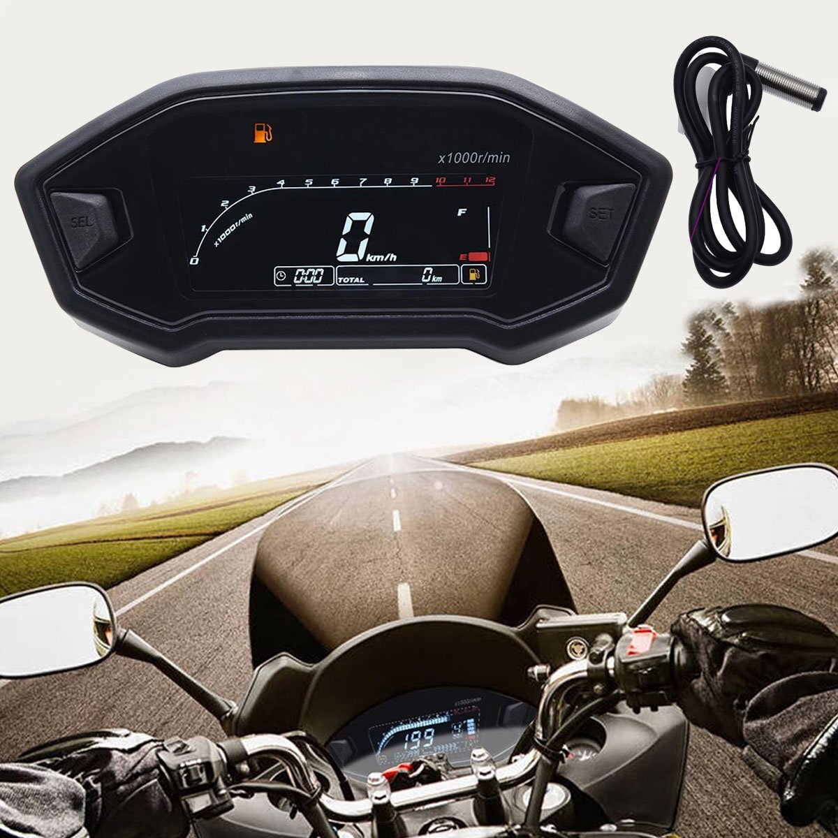 Motorcycle LCD Digital Backlight Odometer Speedometer Tachometer Gauge+Sensor