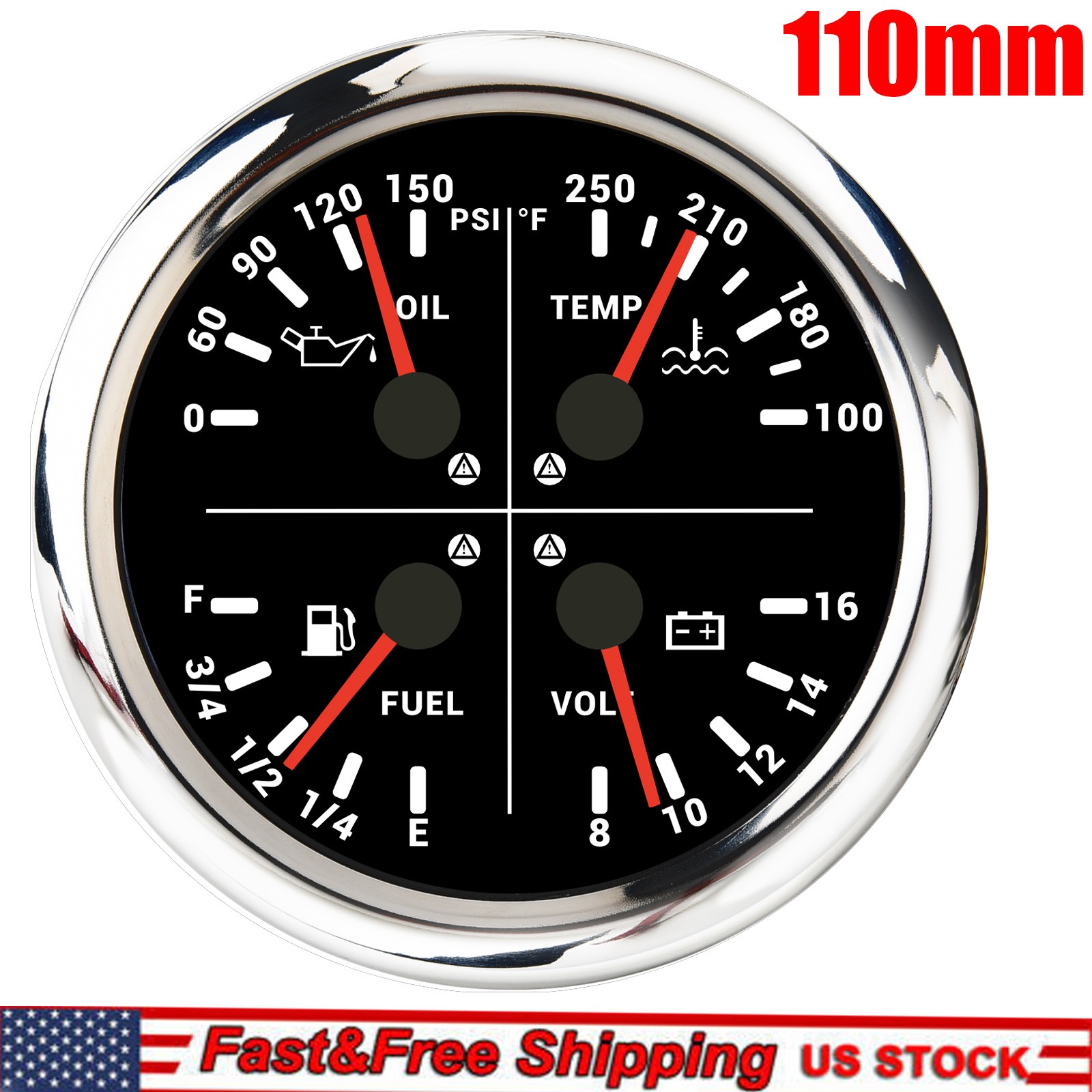 110MM 4 IN 1 Gauge Fuel Level 240-33ohms Oil Pressure Water Temp Volt For Boat
