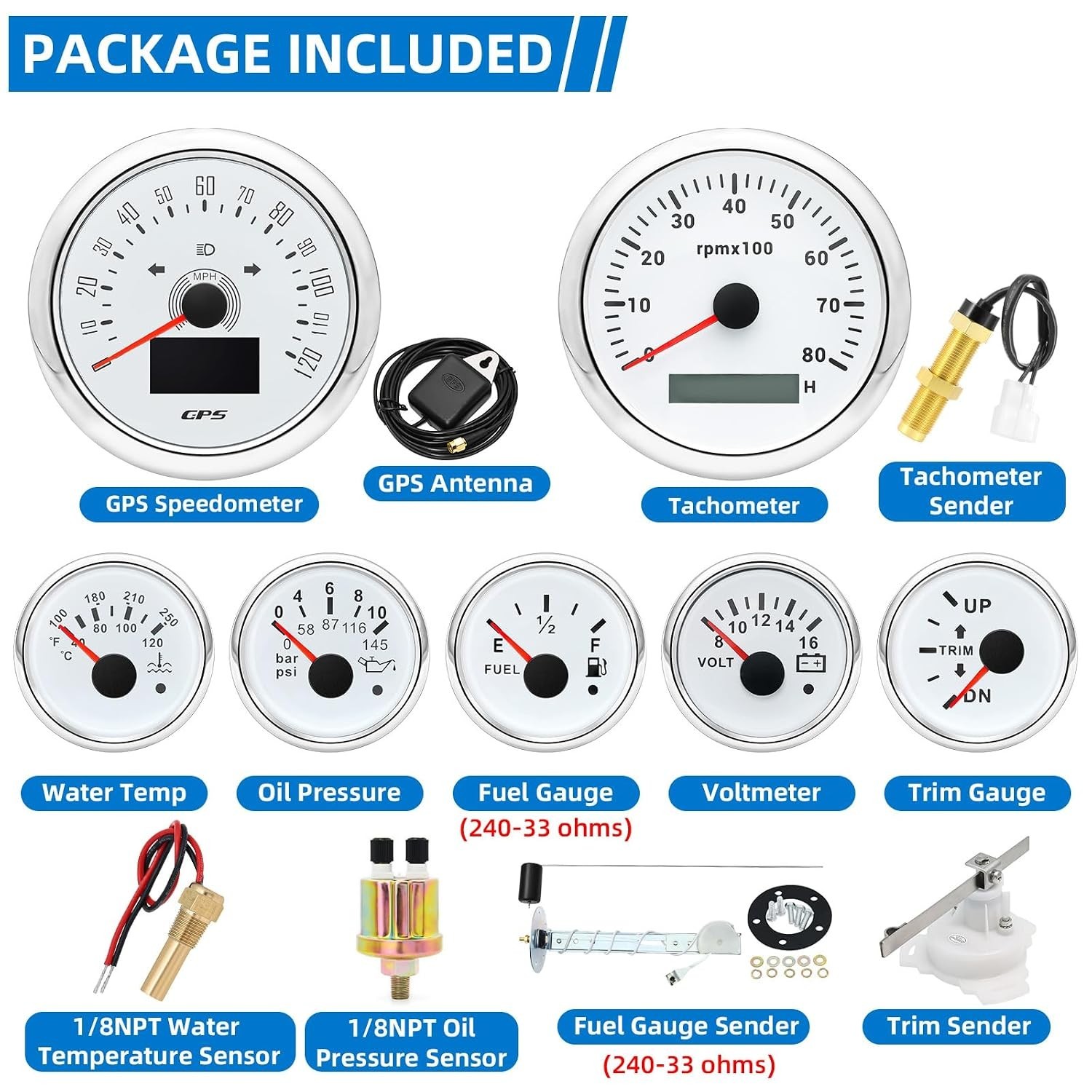 MH 7 Boat Gauge Set 3-3/8″ GPS Speedometer Tachometer 2-1/16″ Oil Pressure Gauge