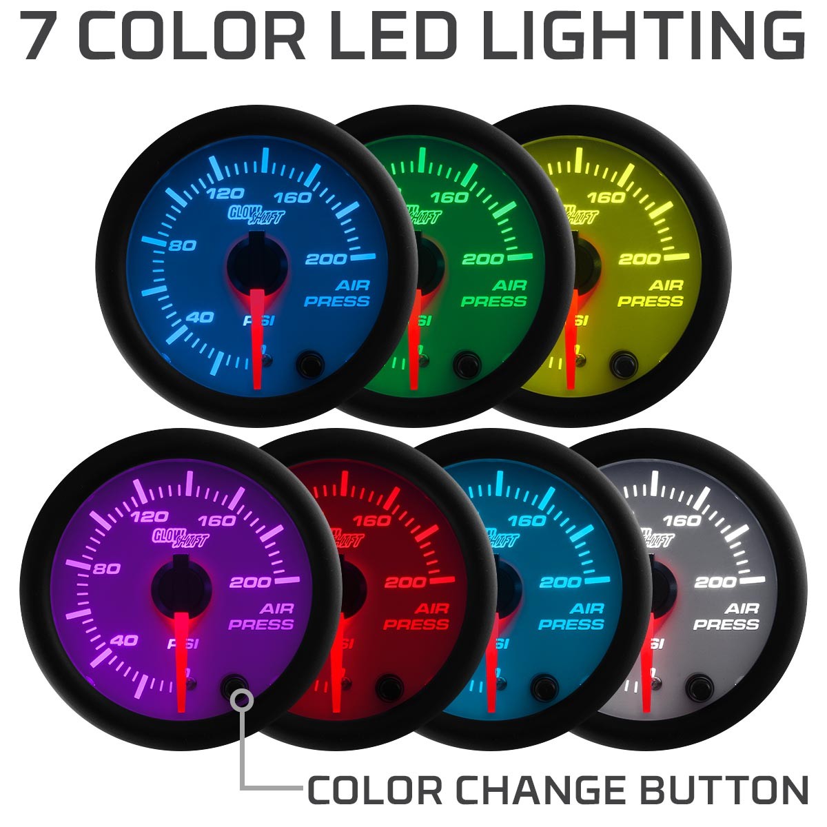 52mm GLOWSHIFT WHITE 7 COLOR 0-200psi AIR PRESSURE GAUGE AIR RIDE BAGS