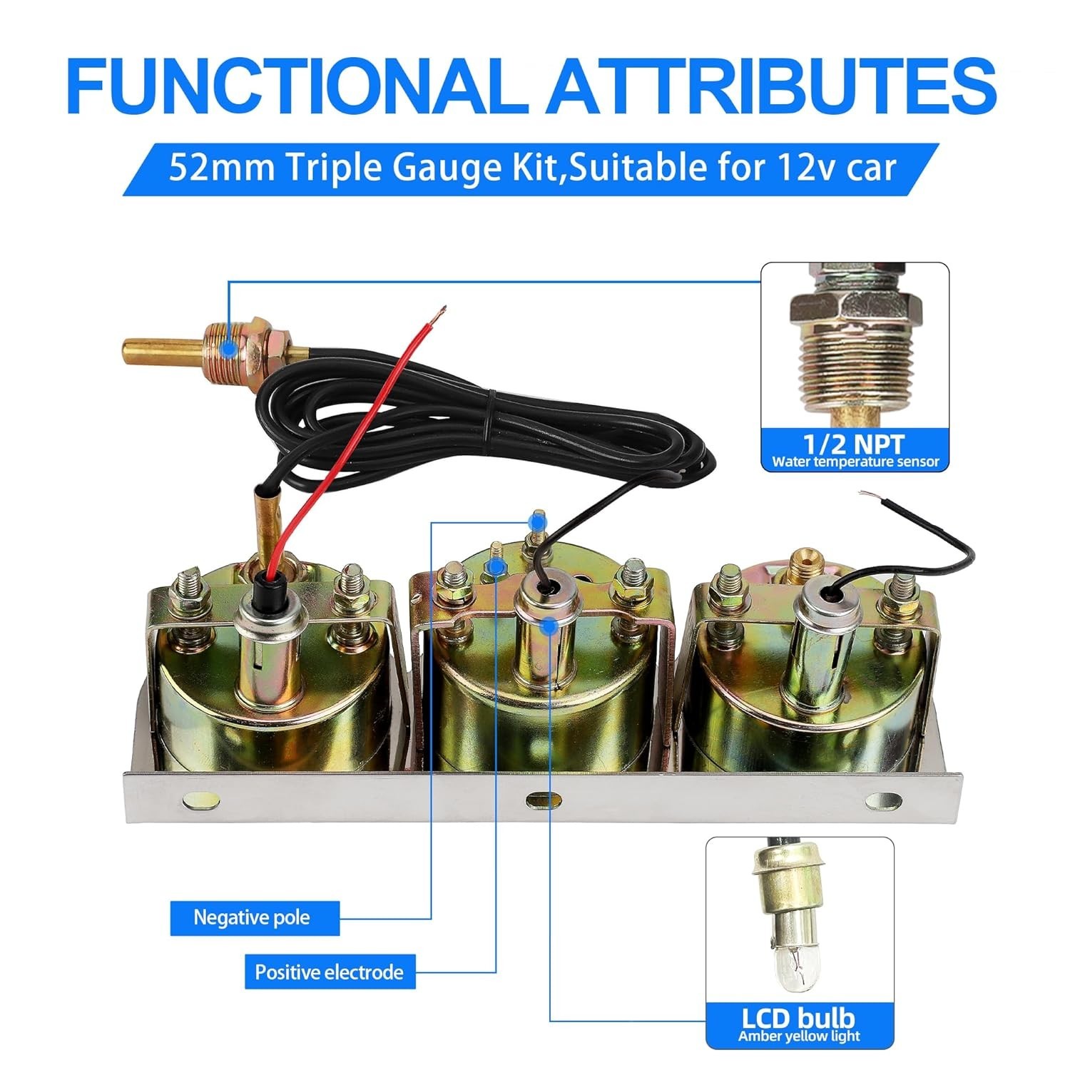 2inch 52mm Triple Gauge Kit, Volt Meter Water Temp Temperature Gauge Oil Pressur