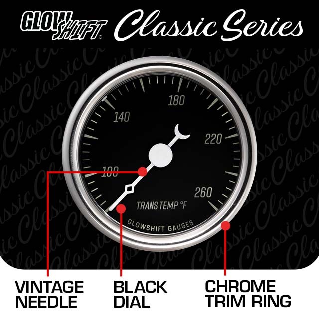 GlowShift Classic Black Transmission Temperature Vintage Gauge Kit w Sensor