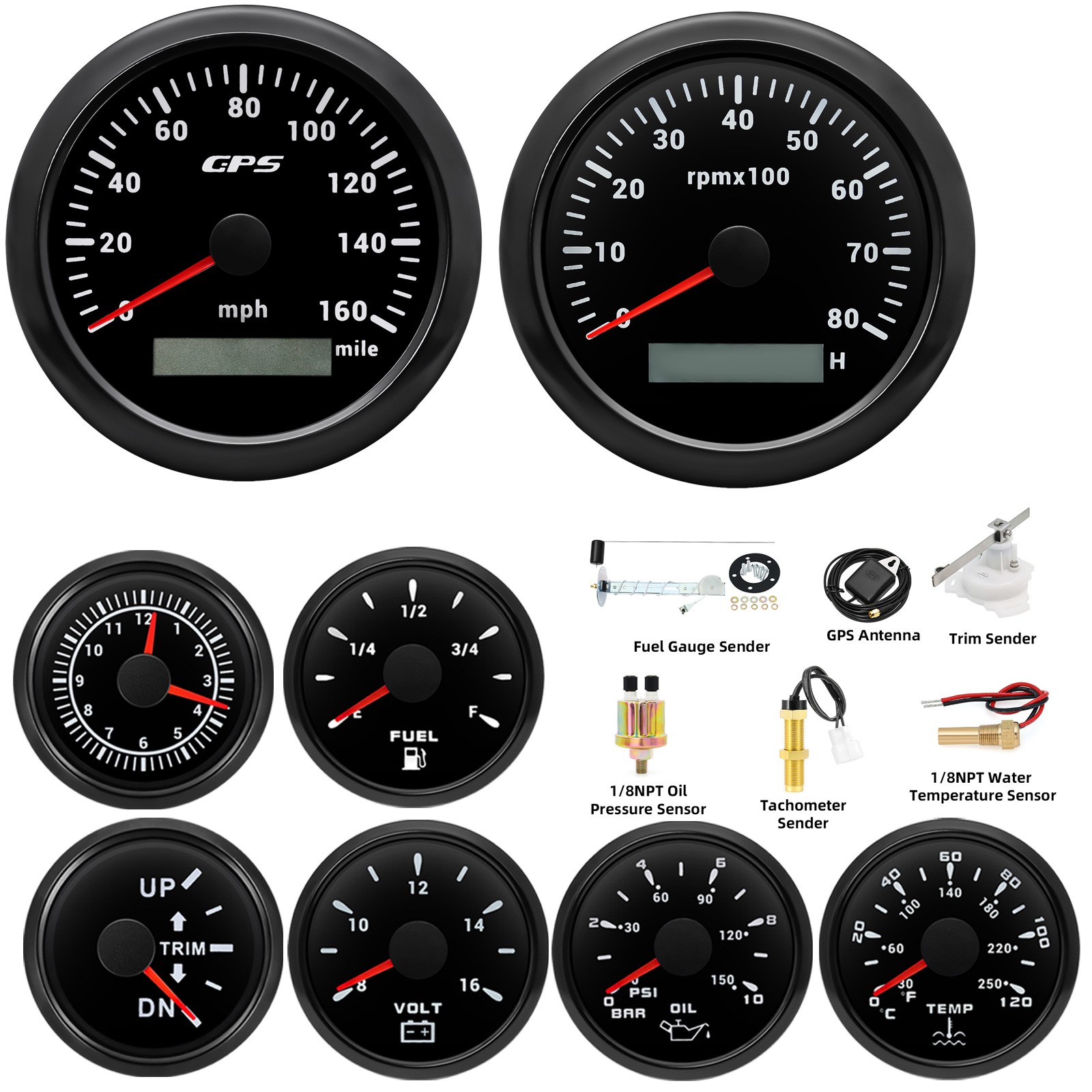 8 Gauge Set with Sensor 85mm Black GPS Speedometer 160MPH Tacho 8000RPM For Boat