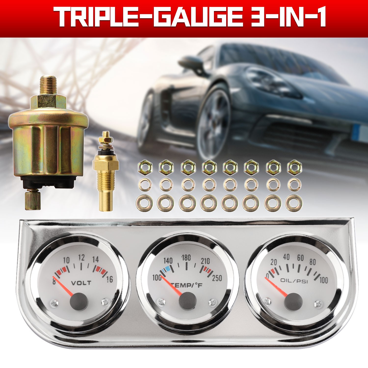 3in1 52mm 2″ Chrome Car Triple Gauge Set Kit Water Temp Oil Pressure Volt Meter