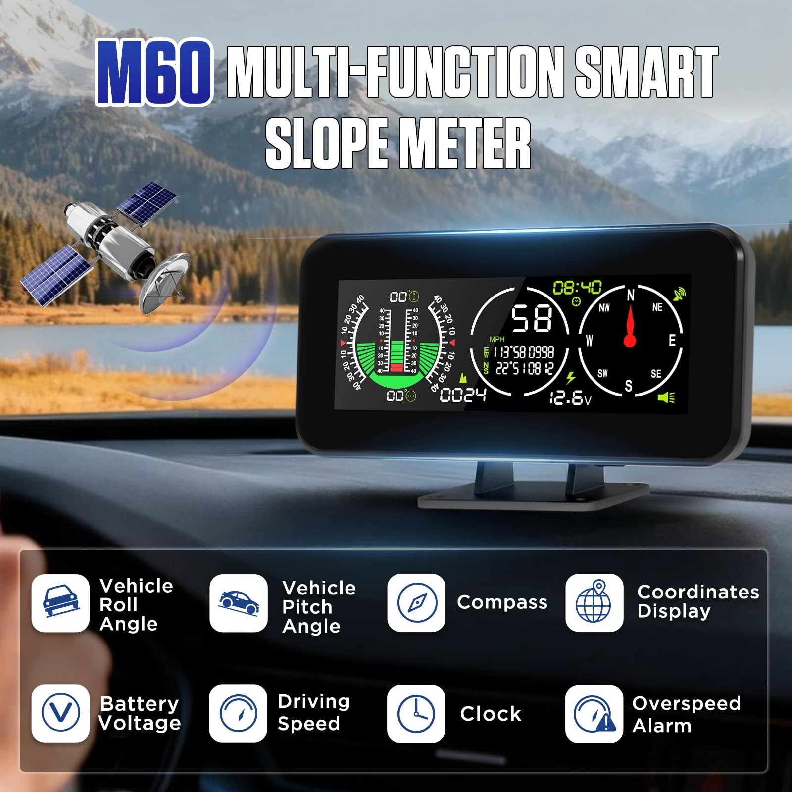MR CARTOOL M60 Car Inclinometer Digital GPS HUD Pitch Angle Slope Meter MPH S…