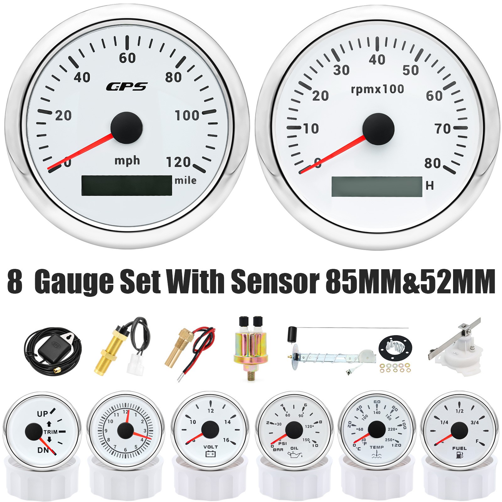 8 Gauge Set 85mm White GPS Speedometer 120MPH Tacho 8000RPM Gauge for Boat Car