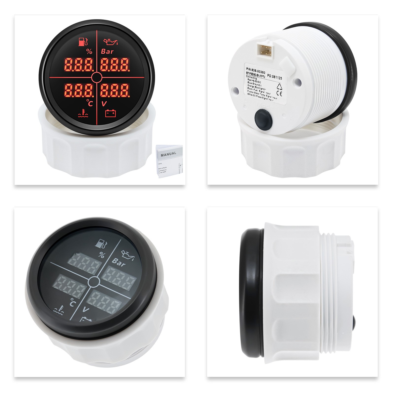 52mm 4 IN 1 Multifunction Gauge Fuel Oil Pressure Water Temp Volt With Sensor