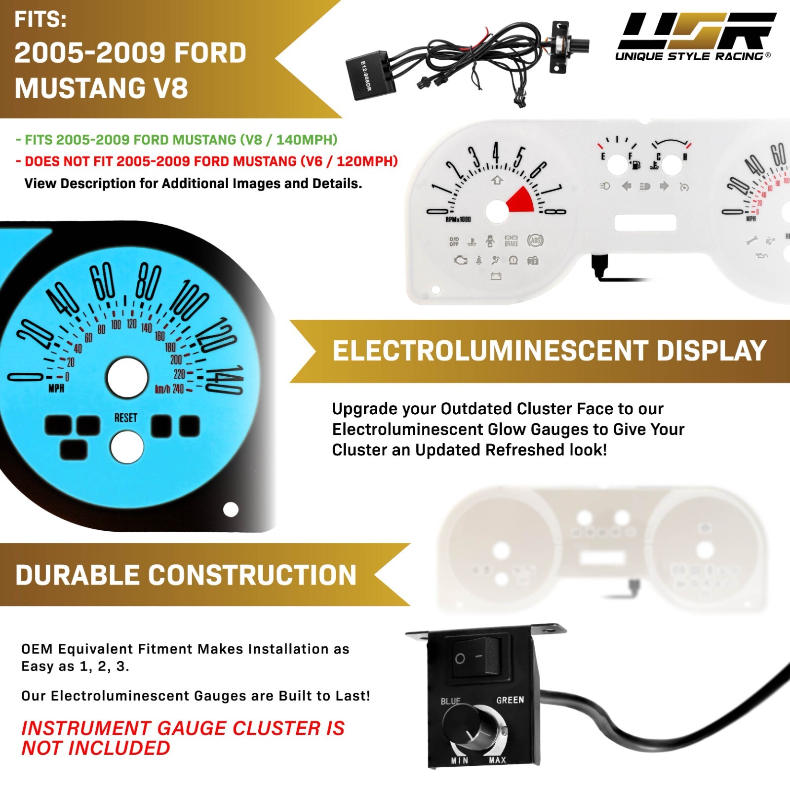 BLUE/GREEN Glow Gauge White Overlay For 05-09 Ford Mustang GT 140MPH Cluster