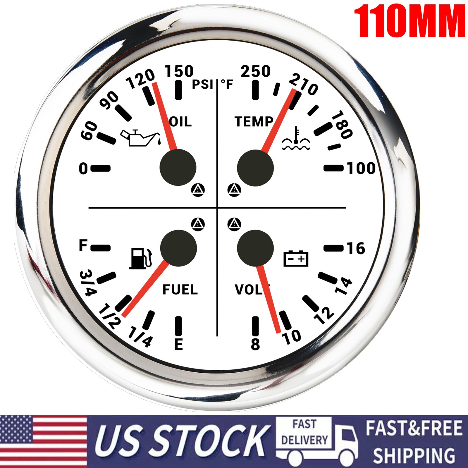 110MM White 4 IN 1 Multifunction Gauge Fuel Level Oil Pressure Water Temp Volt