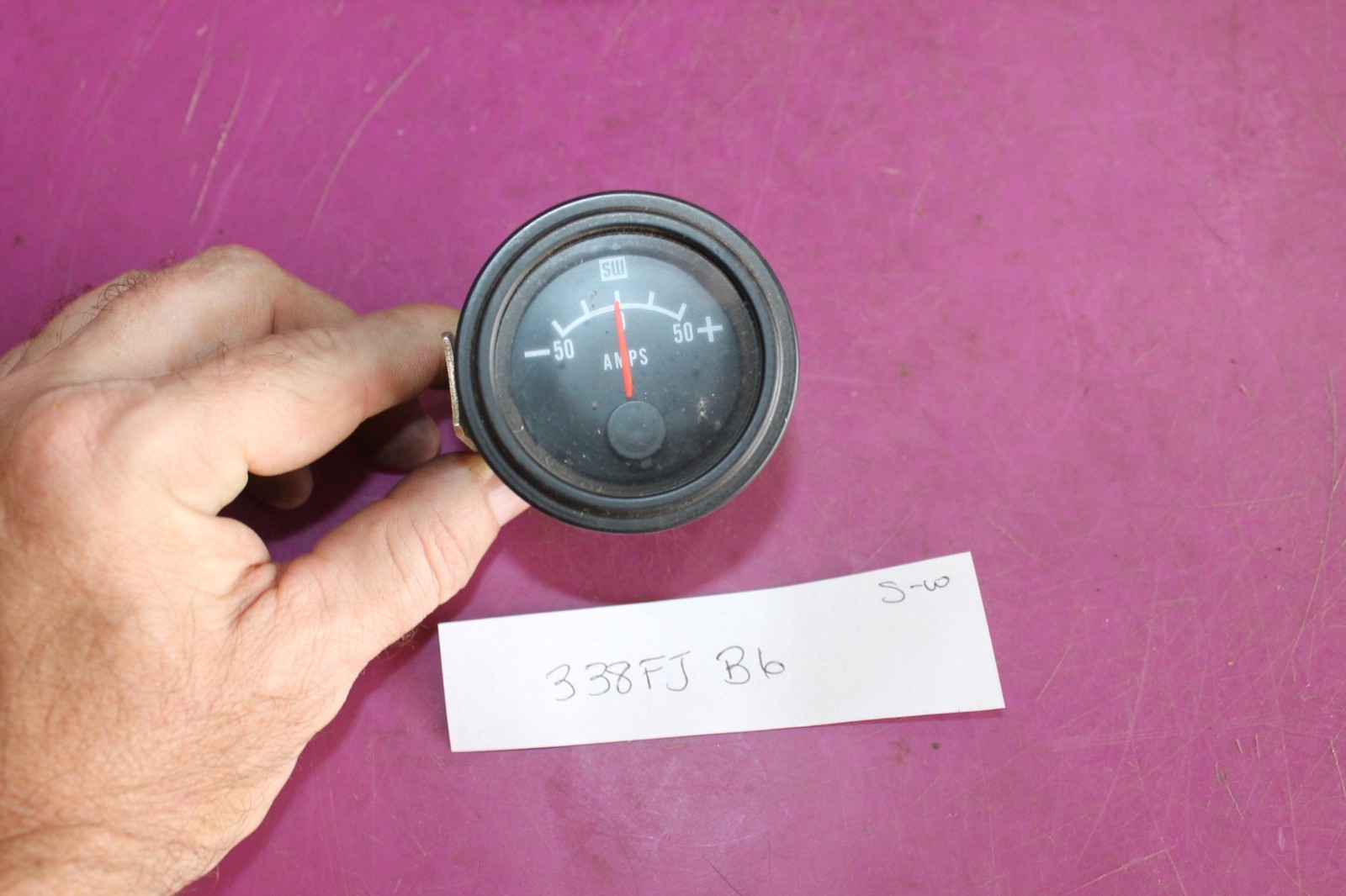 Stewart-Warner Amp Gauge marked 338FJ B6. Untested, as-found. See pic.