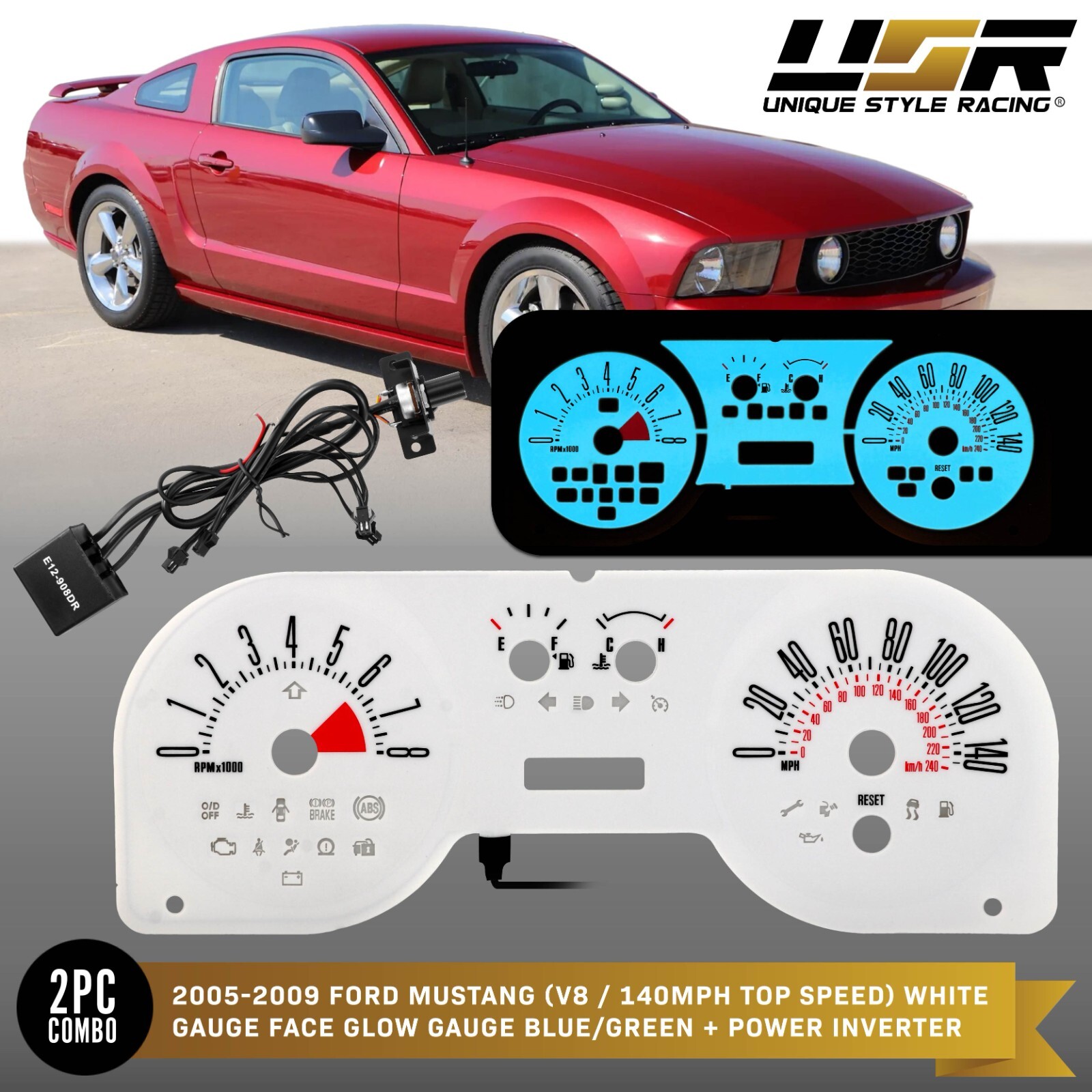 BLUE/GREEN Glow Gauge White Overlay For 05-09 Ford Mustang GT 140MPH Cluster