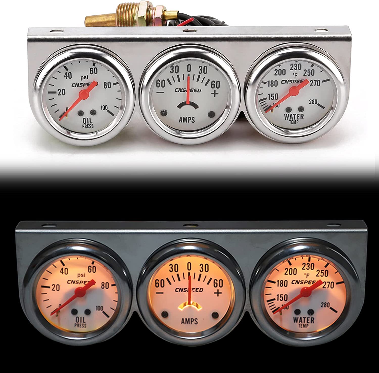 2″52mm Oil Pressure Amp Meter Water Temp Triple Gauge 3 in 1 Set Chrome Gauges