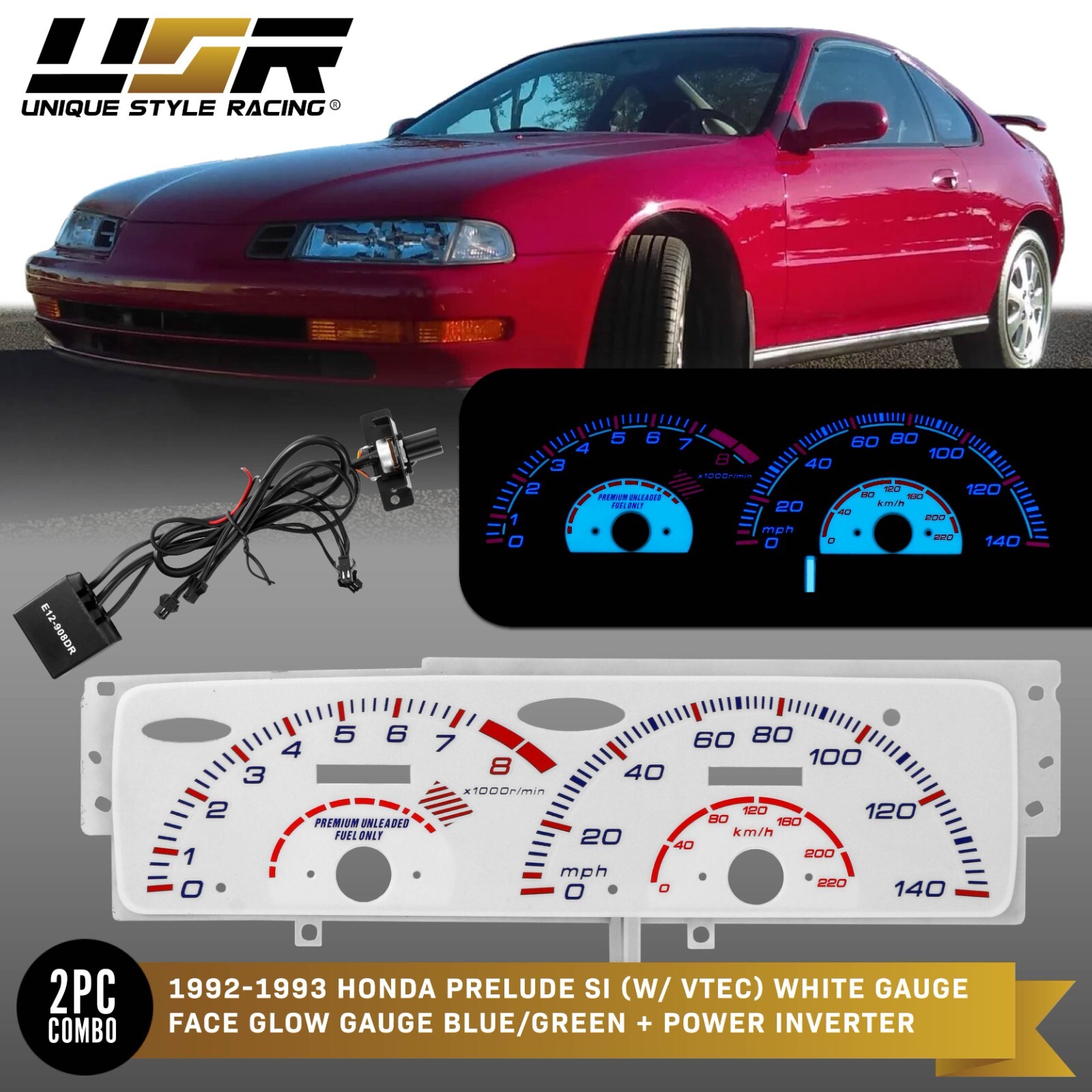 BLUE Reverse Glow Gauge White Overlay For 92-93 Honda Prelude VTEC Cluster