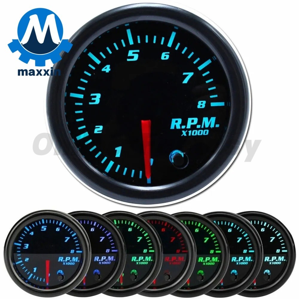 52MM Pointer 7 Color Tachometer Gauge 0-8000RPM For 1-8 Cylinder 12V Vehicles